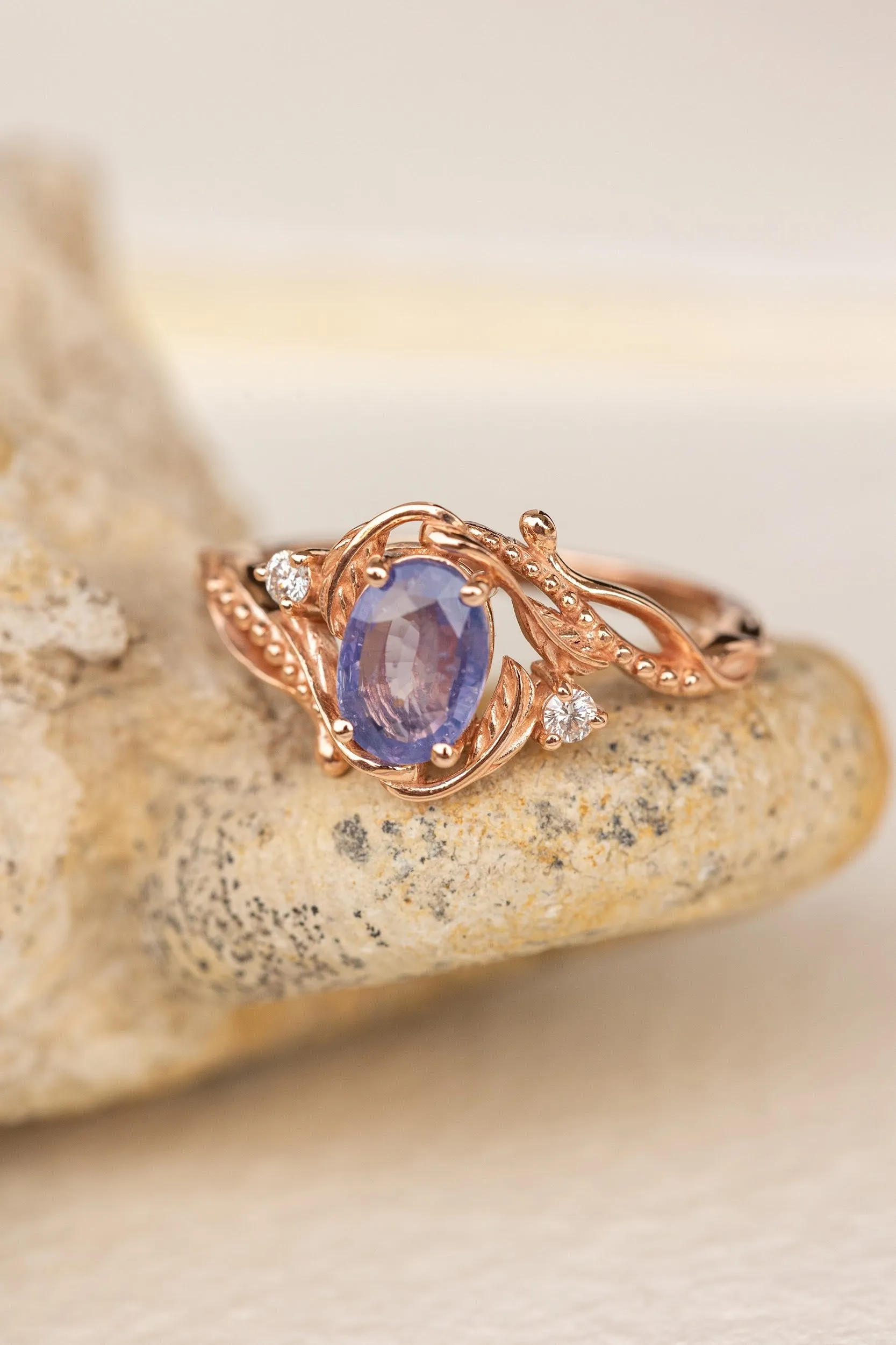 Mermaid violet natural sapphire engagement ring, rose gold engagement ring with sapphire and diamonds / Undina