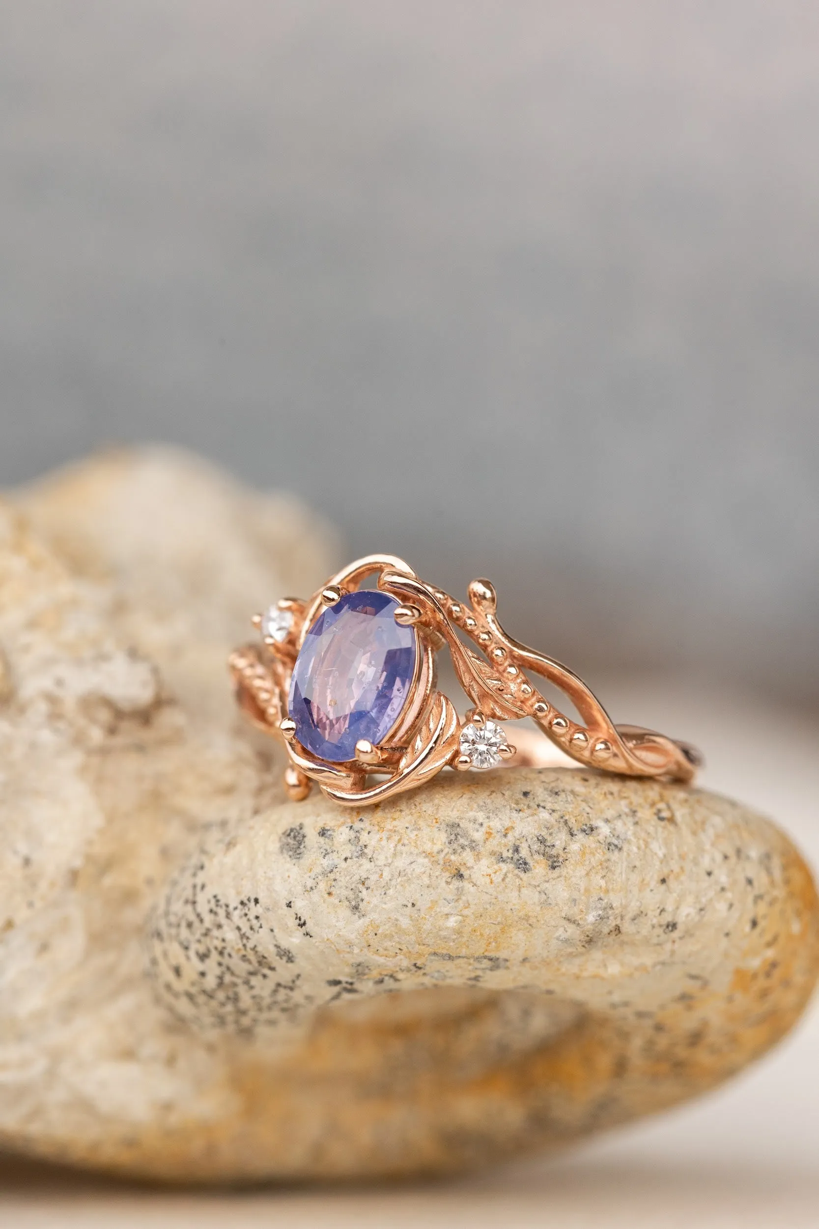 Mermaid violet natural sapphire engagement ring, rose gold engagement ring with sapphire and diamonds / Undina