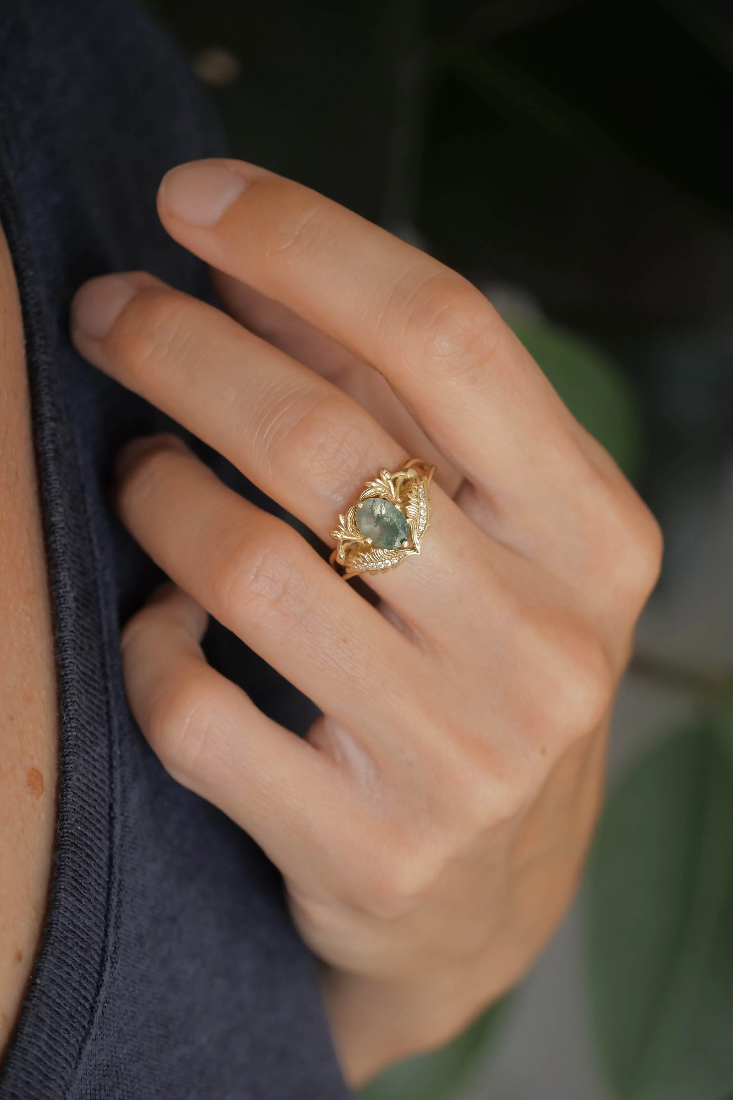 Moss agate and diamonds engagement ring / Adonis