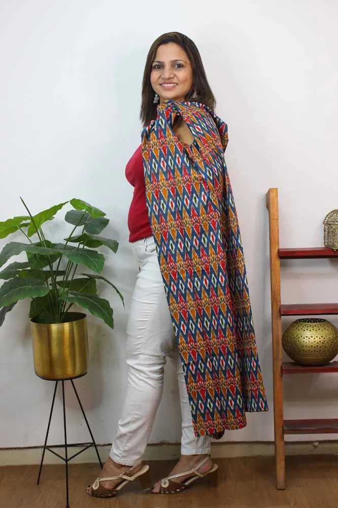 Multicolor Double Ikat Pure Cotton Reversible Long Jacket