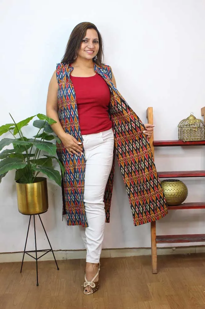 Multicolor Double Ikat Pure Cotton Reversible Long Jacket