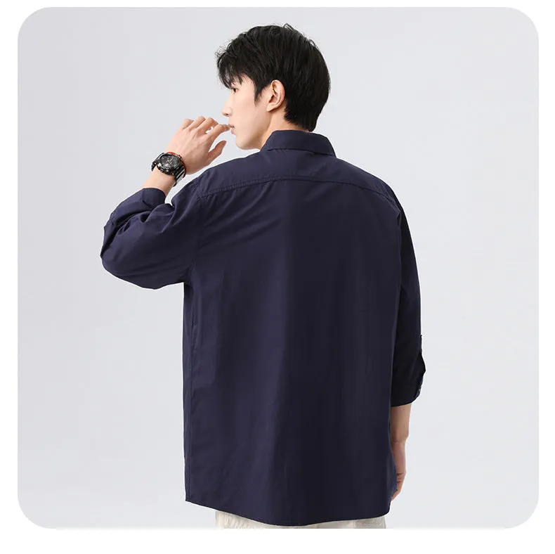 Navy korean-style relaxed shirt with three-fourth sleeve