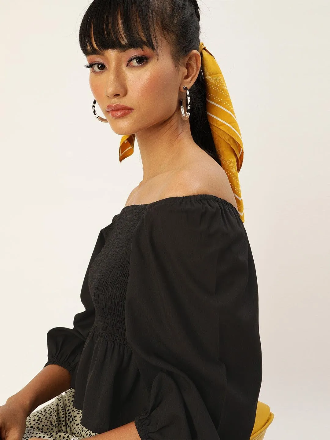 Off-Shoulder Puff Sleeve Smocked Crepe Peplum Crop Top