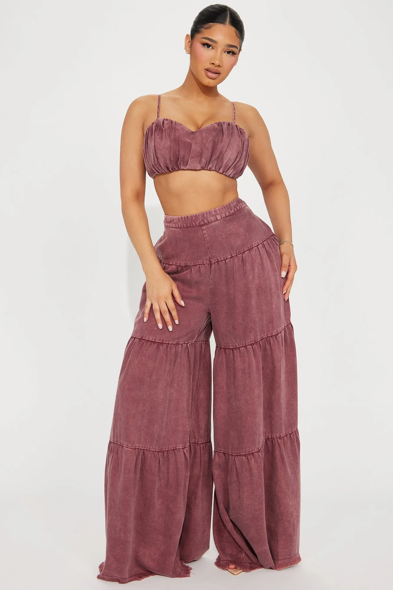 Olivia Washed Pant Set - Burgundy