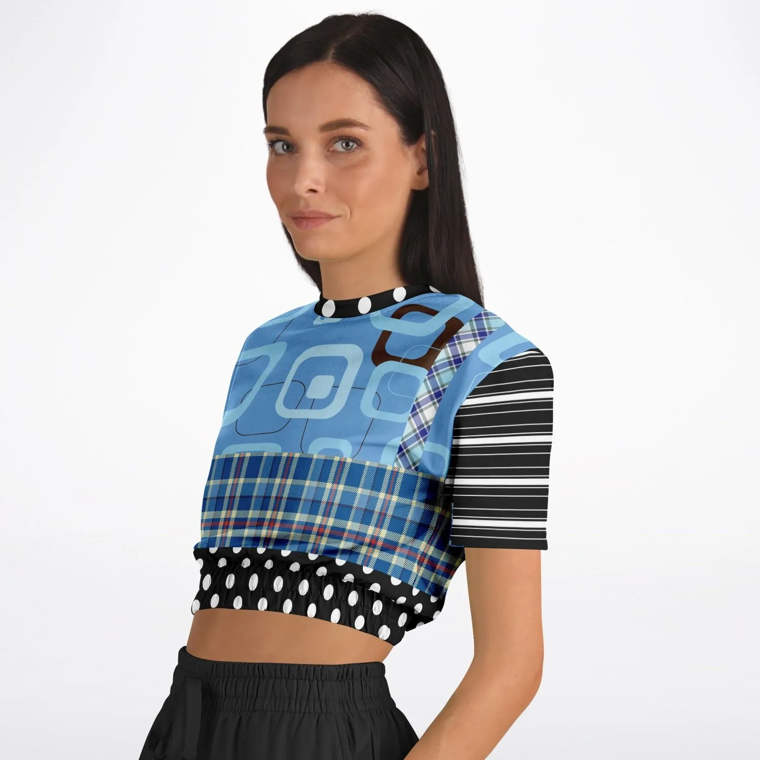 Pacific Palisades Blue Patchwork Short Sleeve Cropped Eco-Poly Sweater