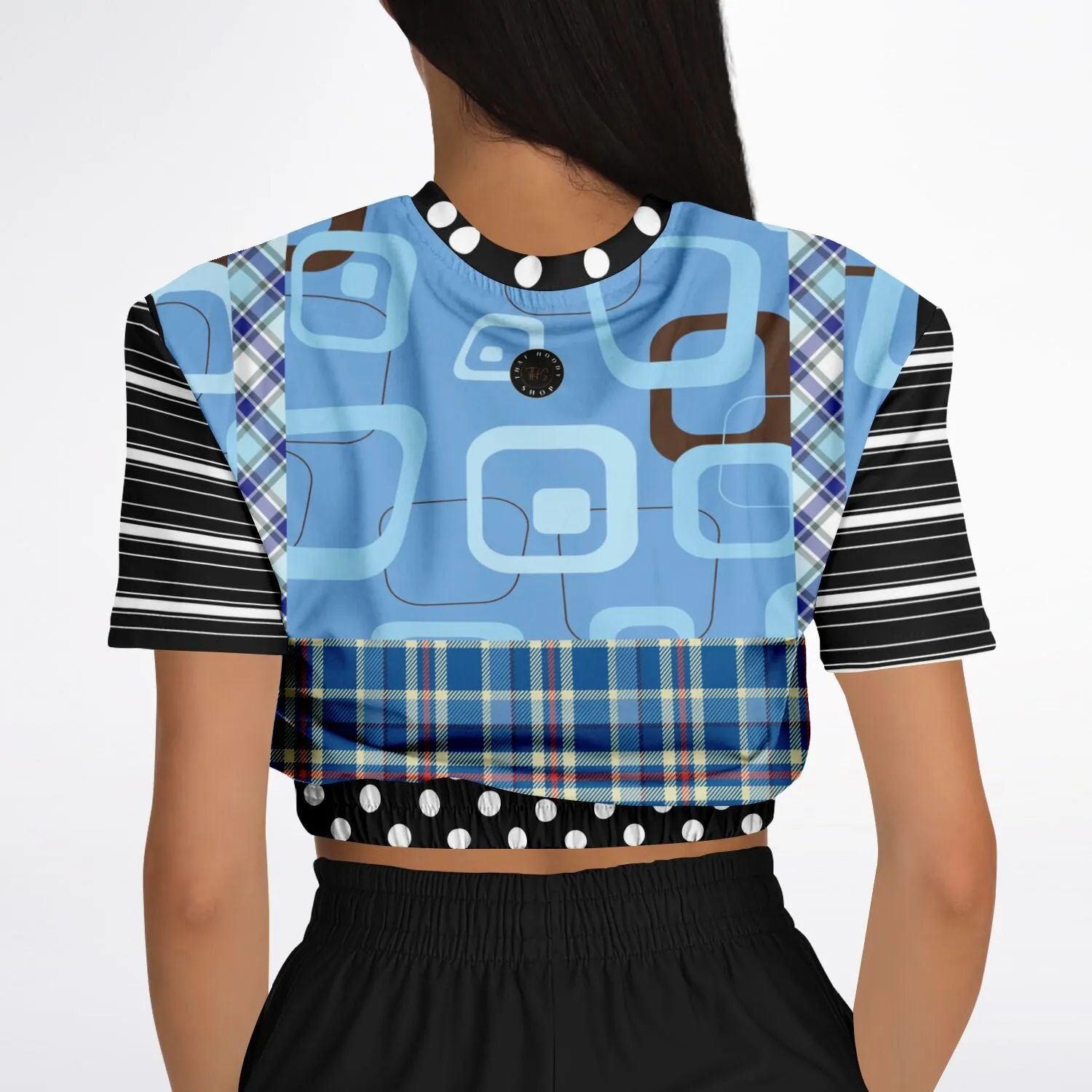 Pacific Palisades Blue Patchwork Short Sleeve Cropped Eco-Poly Sweater