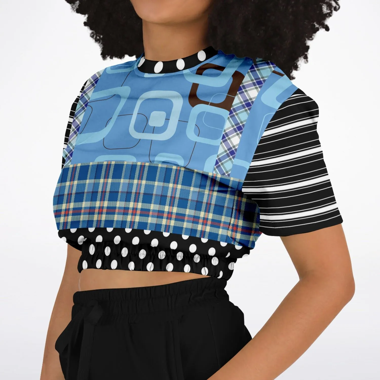 Pacific Palisades Blue Patchwork Short Sleeve Cropped Eco-Poly Sweater