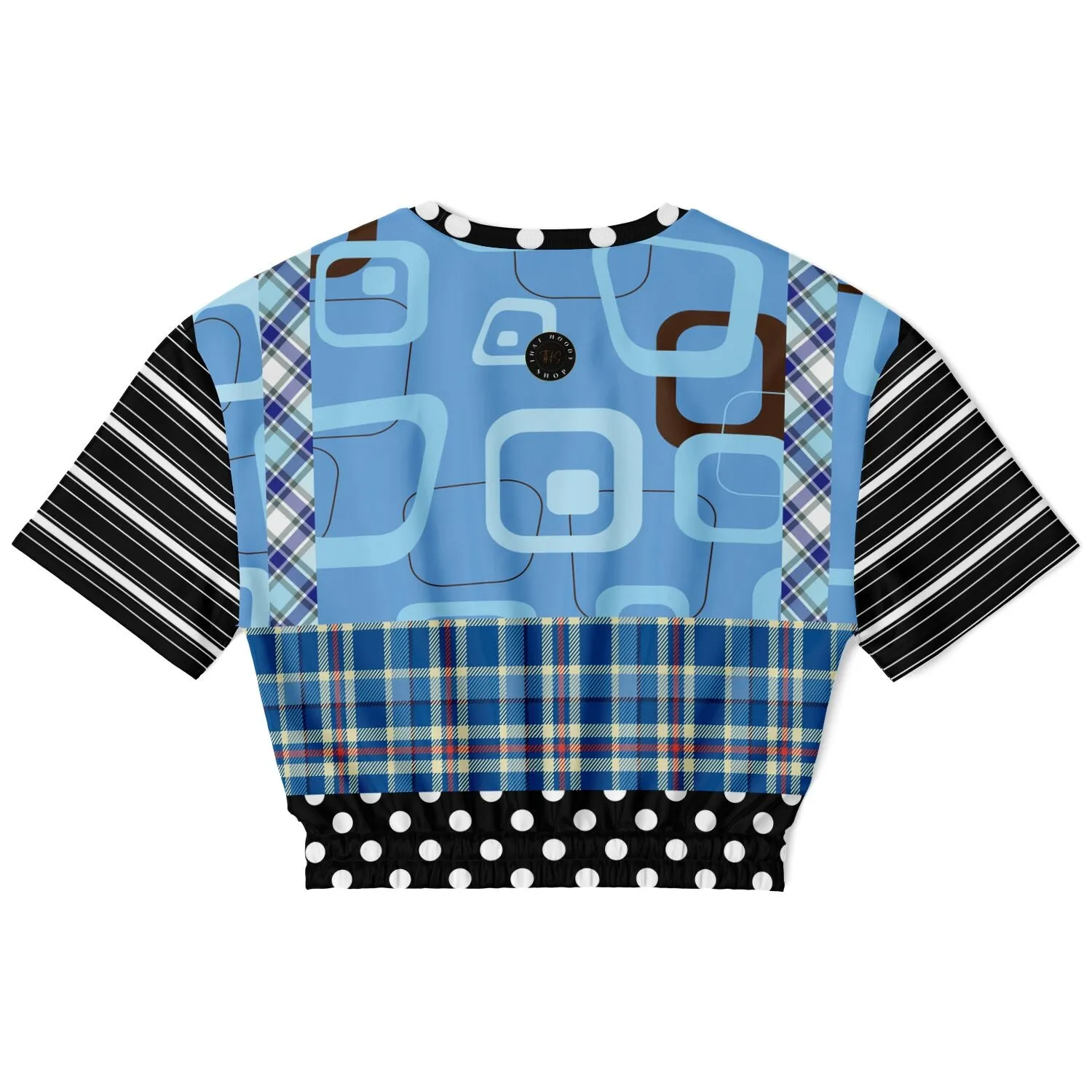 Pacific Palisades Blue Patchwork Short Sleeve Cropped Eco-Poly Sweater