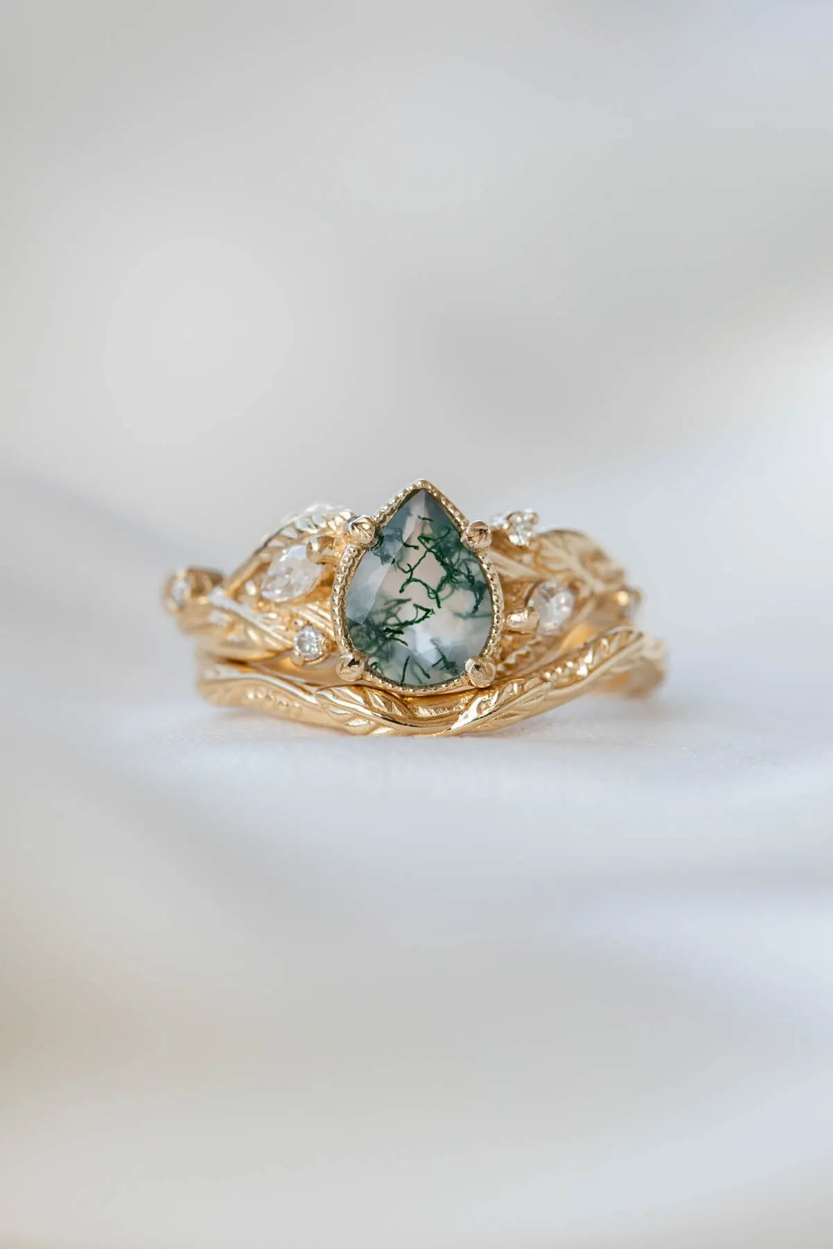 Pear moss agate engagement ring with diamonds, gold leaf branch proposal ring / Patricia