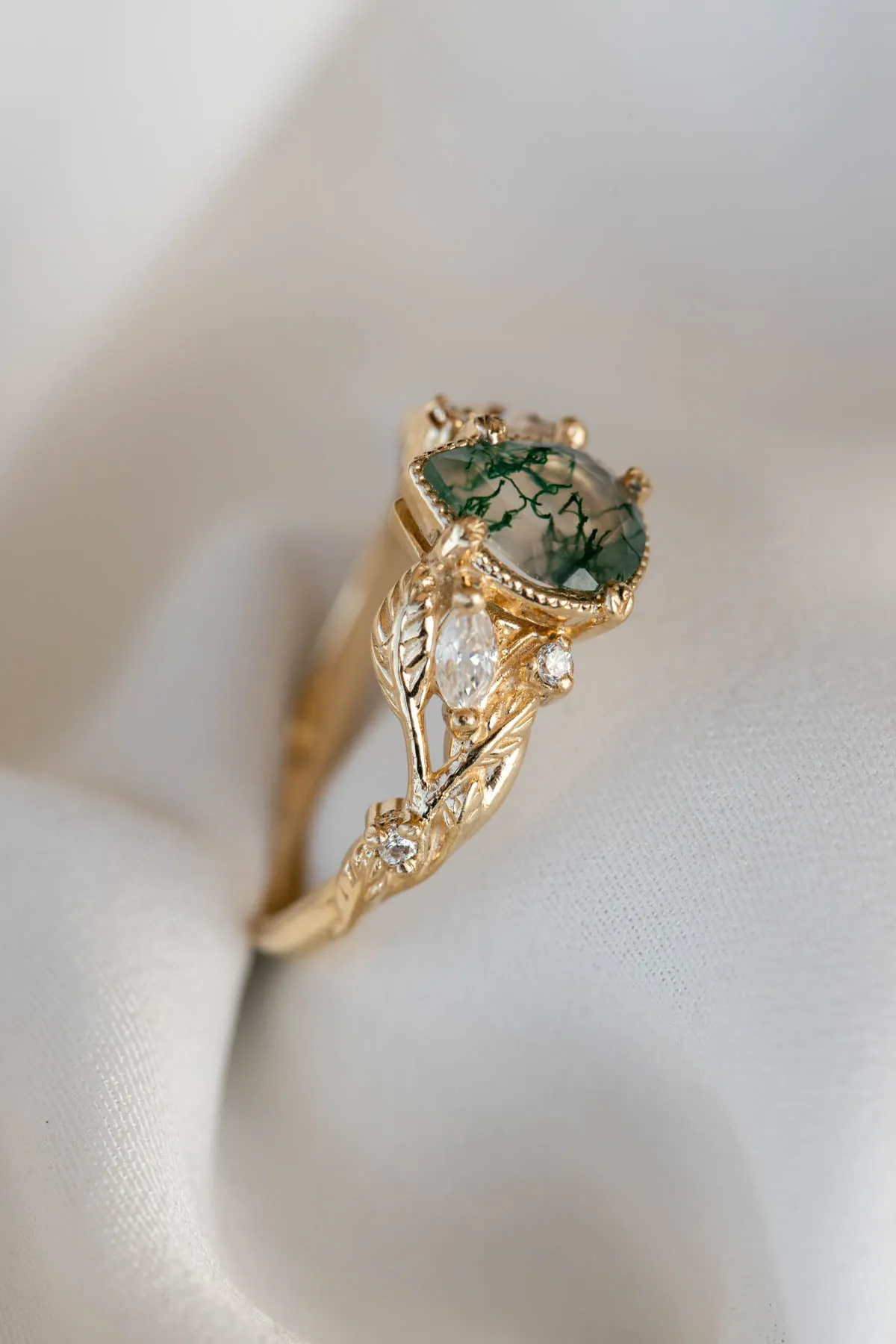 Pear moss agate engagement ring with diamonds, gold leaf branch proposal ring / Patricia