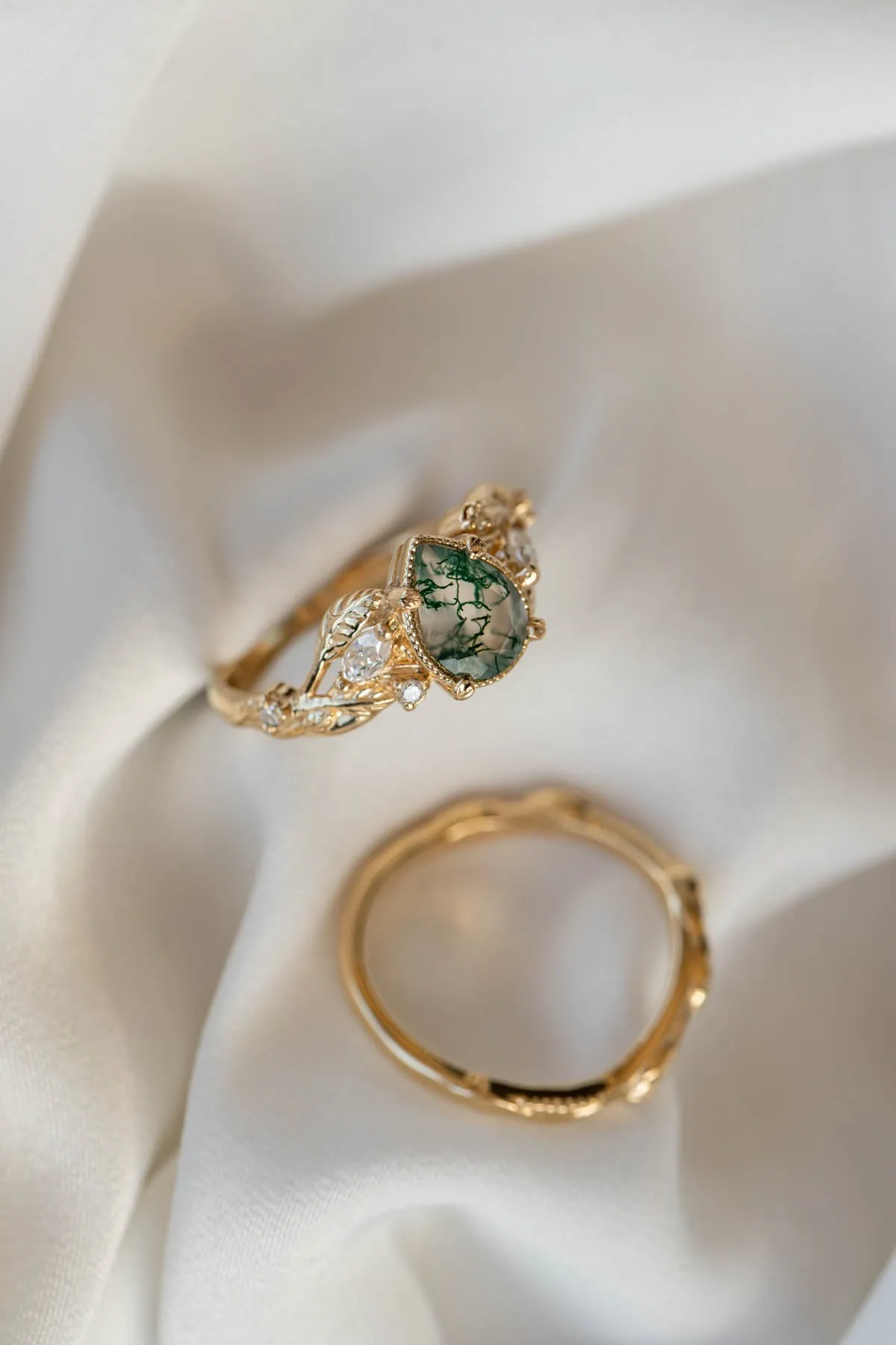 Pear moss agate engagement ring with diamonds, gold leaf branch proposal ring / Patricia