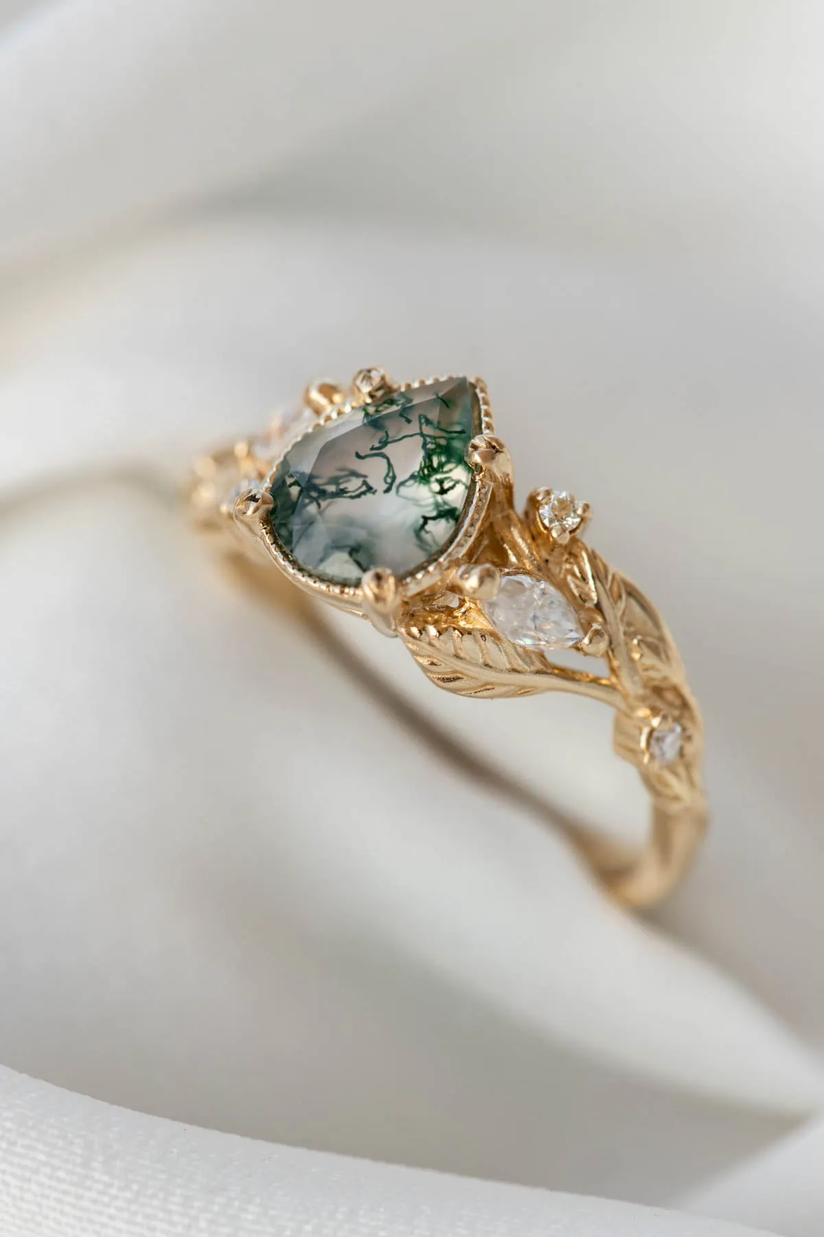 Pear moss agate engagement ring with diamonds, gold leaf branch proposal ring / Patricia