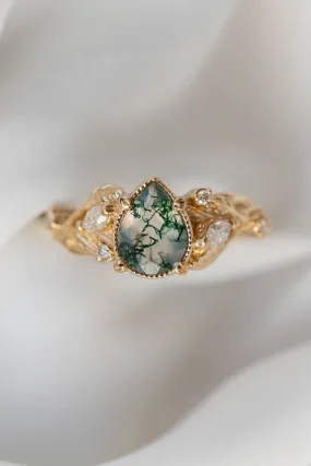 Pear moss agate engagement ring with diamonds, gold leaf branch proposal ring / Patricia