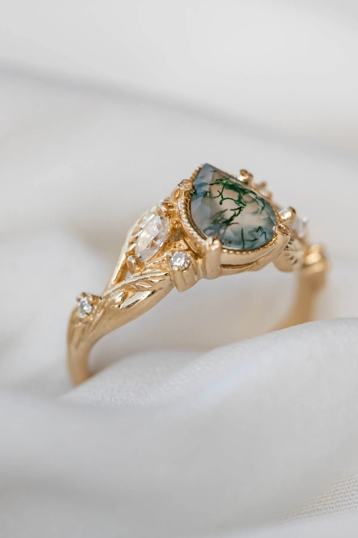 Pear moss agate engagement ring with diamonds, gold leaf branch proposal ring / Patricia