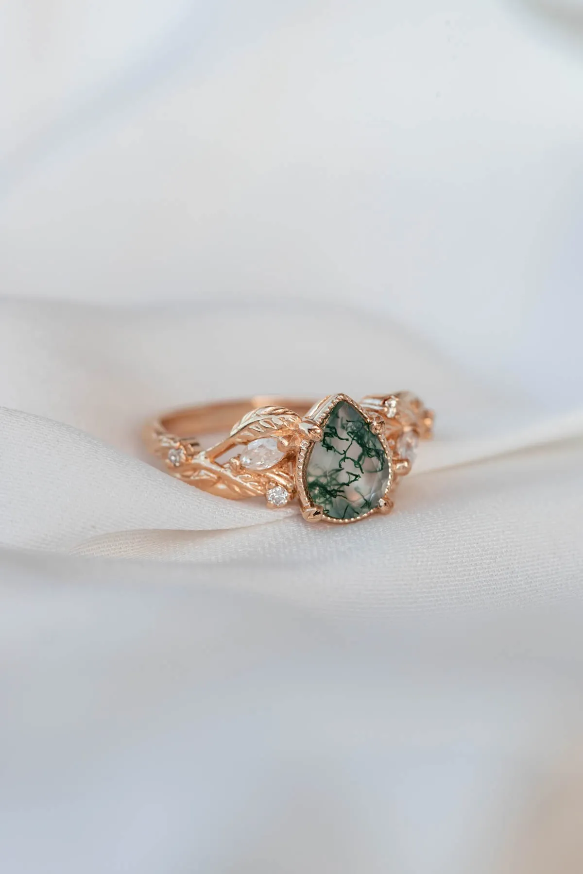 Pear moss agate engagement ring with diamonds, gold leaf branch proposal ring / Patricia