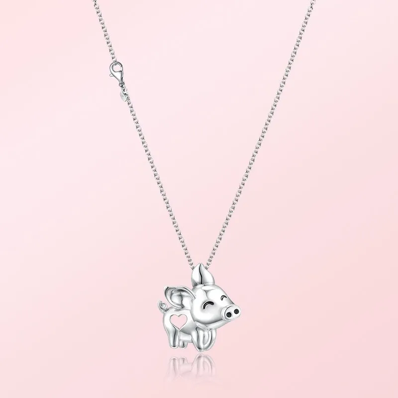 Pig with Heart 925 Sterling Silver Fashion Pendant Necklace