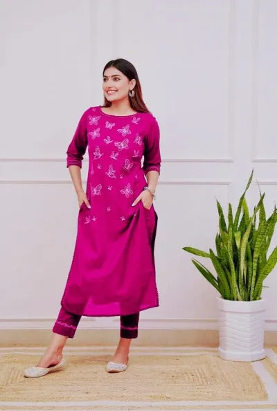 Pink Cotton Butterfly Embroidered Kurti Pant Set Of 2