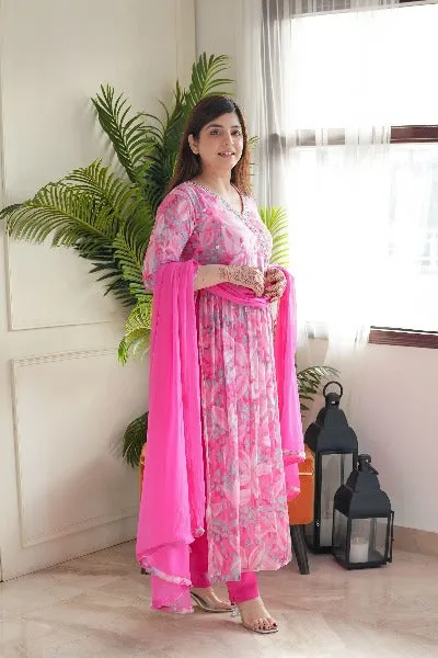 Pink Floral Angrakha Alia Cut Chinon Anarkali Suit Set