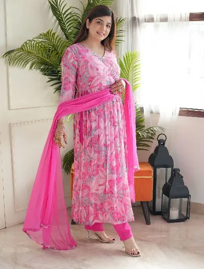 Pink Floral Chinnon Angrakha Alia Cut Anarkali Suit Set