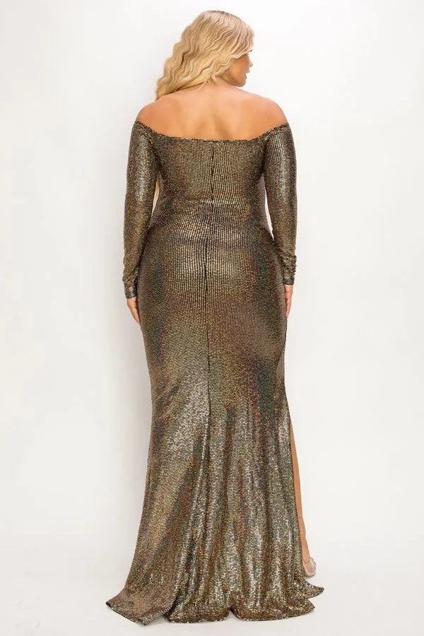 Plus Long Sleeve Off Shoulder Sequin Fabric (metallic) Party Maxi Dress