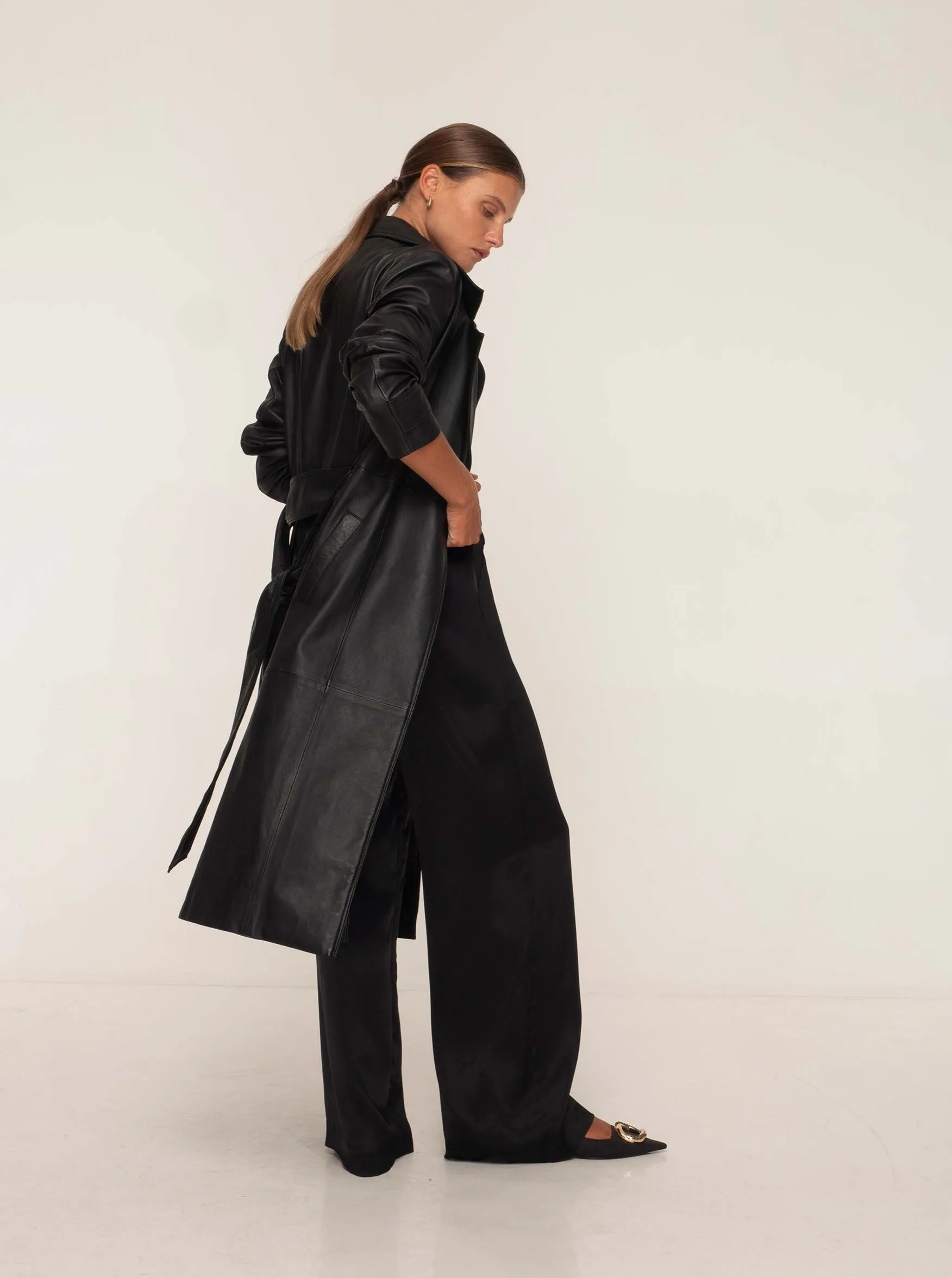 PORTIA LEATHER TRENCH COAT - BLACK