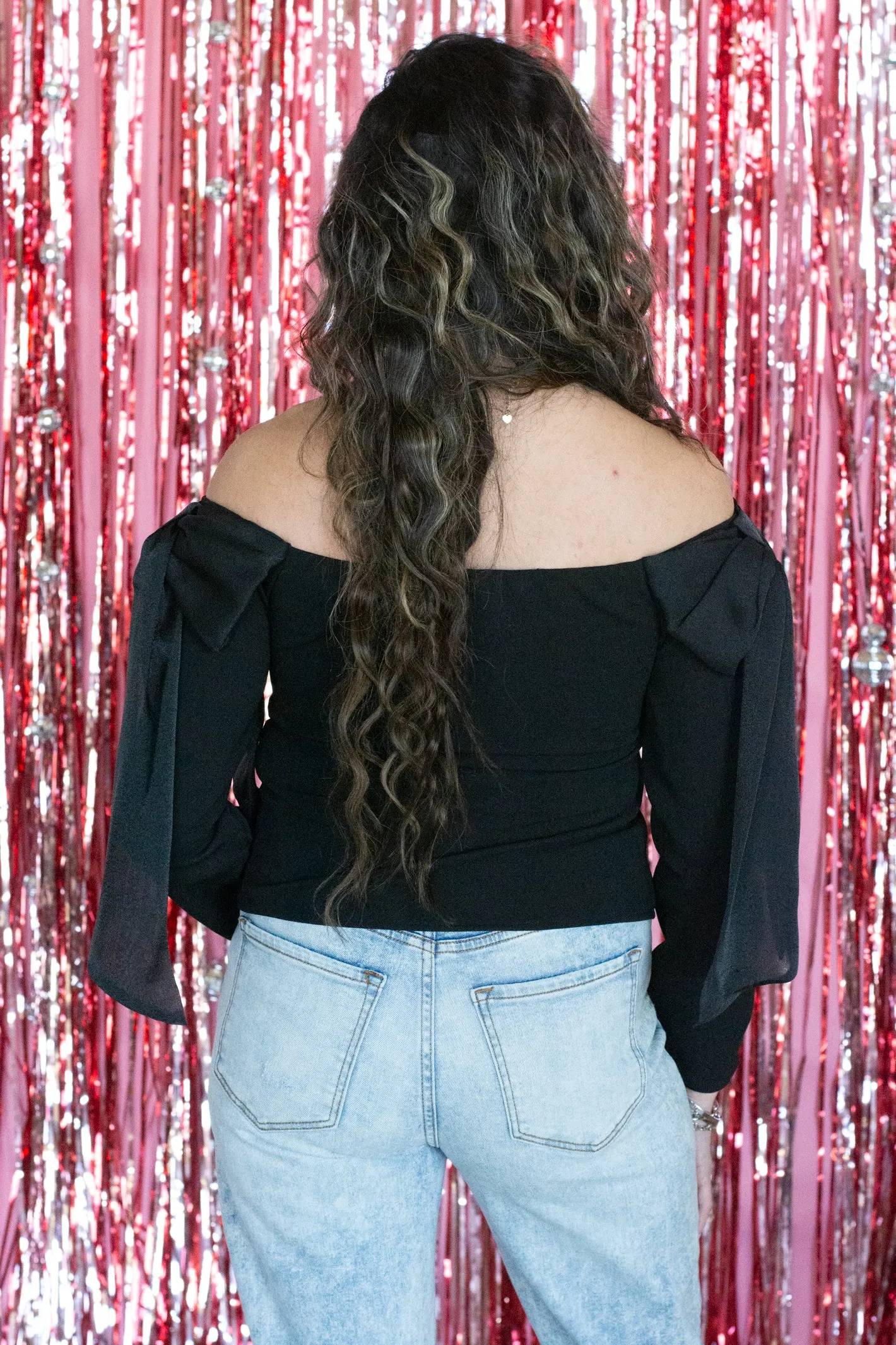 Pulling Heart Strings Black Off Shoulder Top