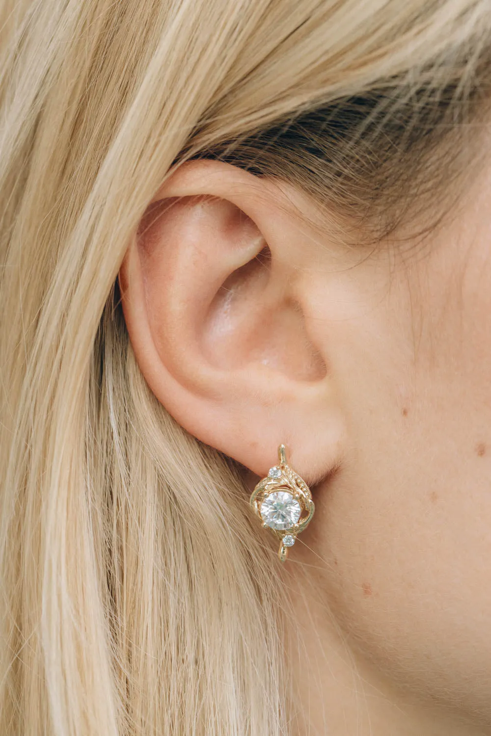 READY TO SHIP: Nature inspired moissanite Undina earrings, gold leaf earrings with 1 carat moissanites