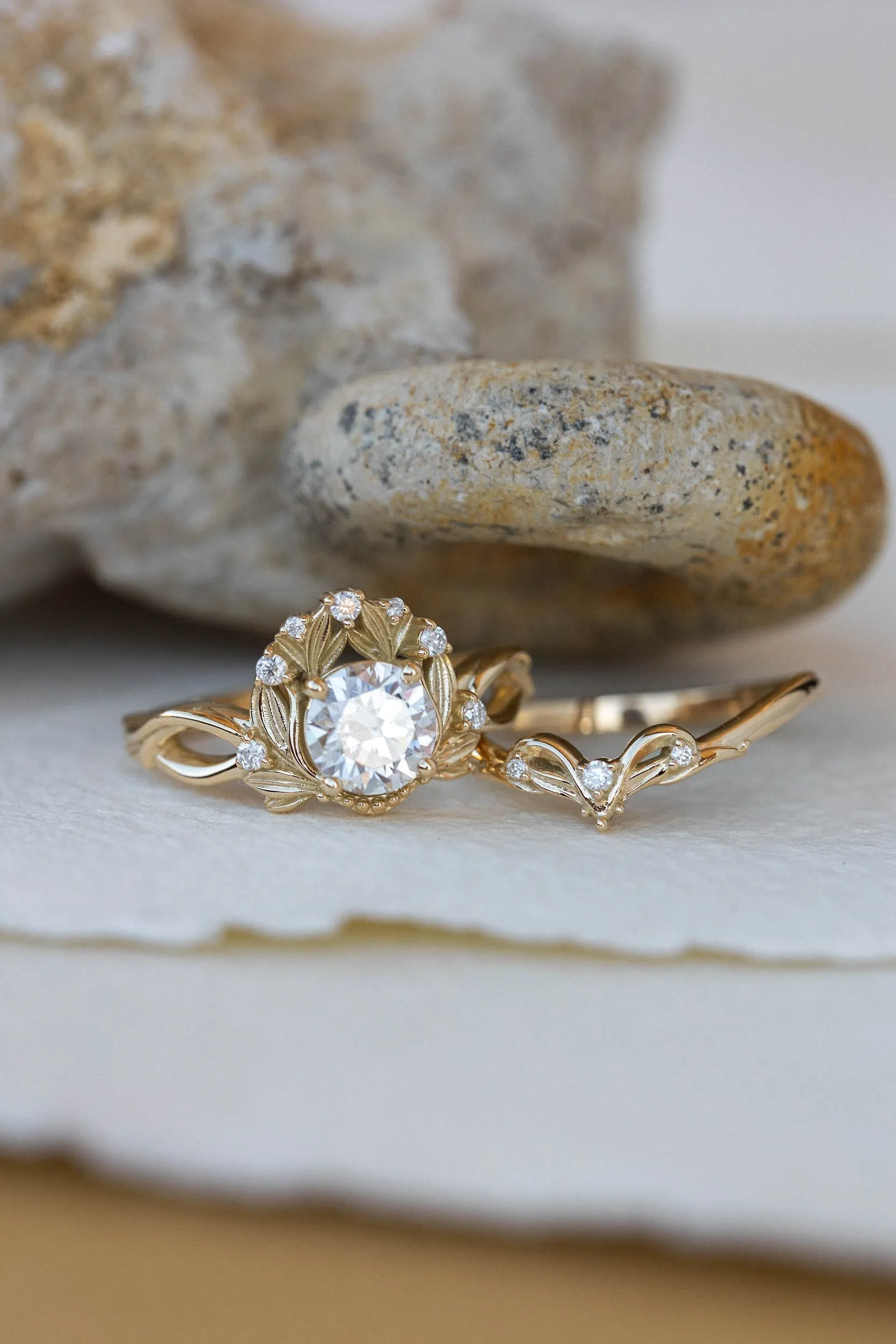 READY TO SHIP: Nika ring set in 14K yellow gold, moissanite round cut 6.5 mm, accent moissanites, AVAILABLE RING SIZES: 6-8US