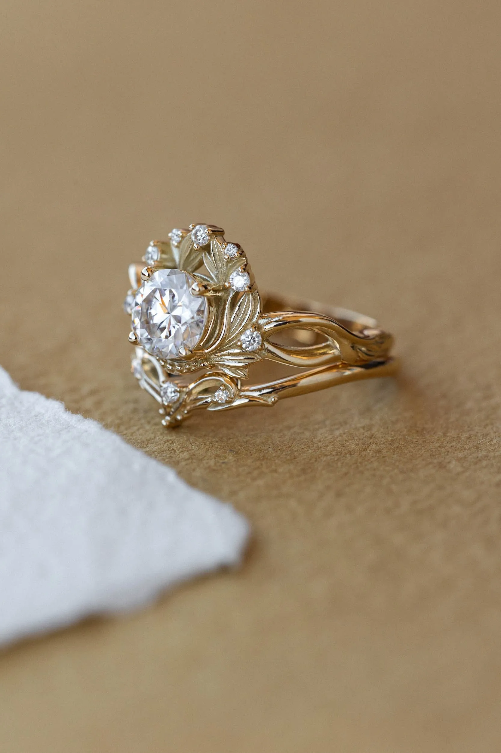 READY TO SHIP: Nika ring set in 14K yellow gold, moissanite round cut 6.5 mm, accent moissanites, AVAILABLE RING SIZES: 6-8US