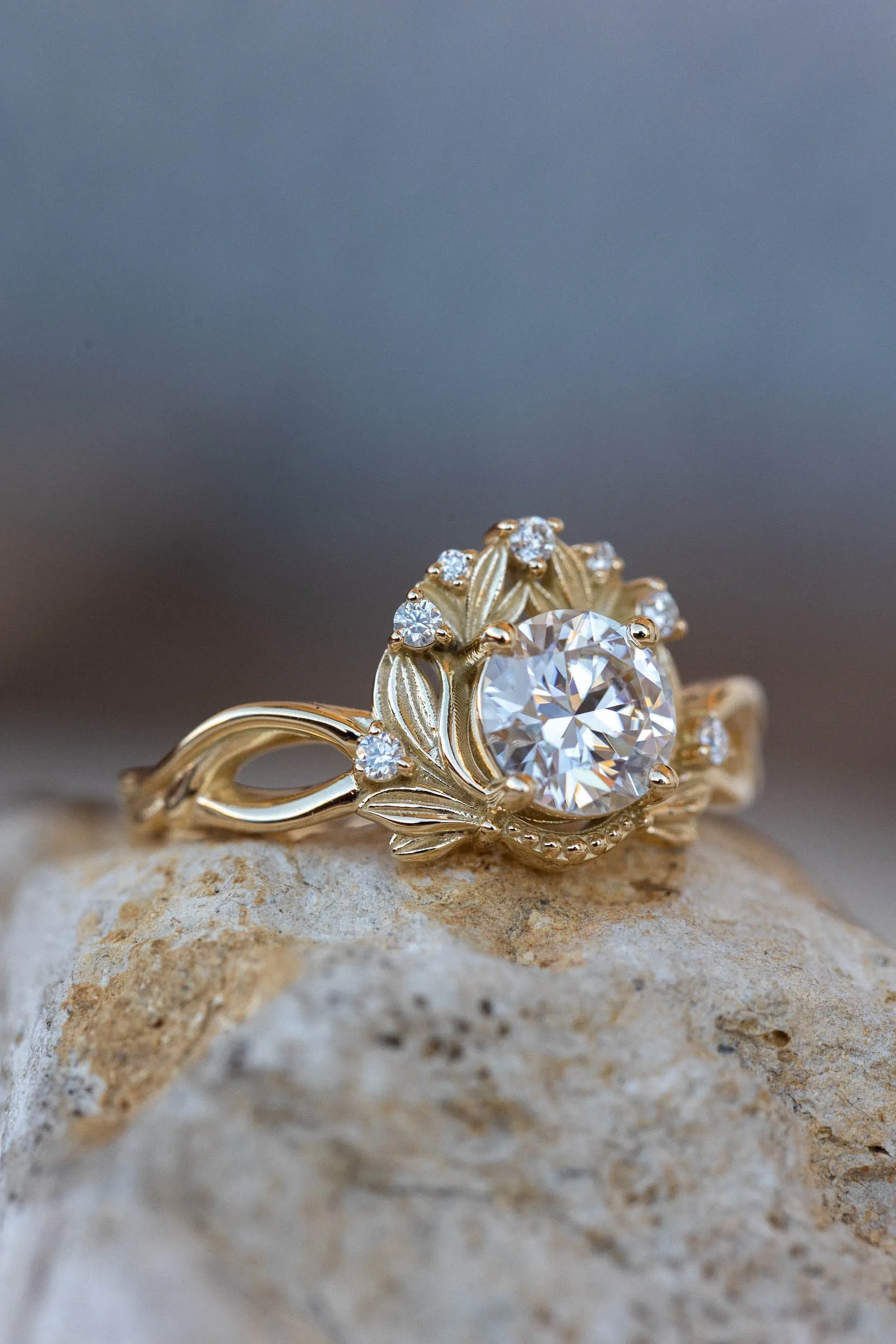 READY TO SHIP: Nika ring set in 14K yellow gold, moissanite round cut 6.5 mm, accent moissanites, AVAILABLE RING SIZES: 6-8US