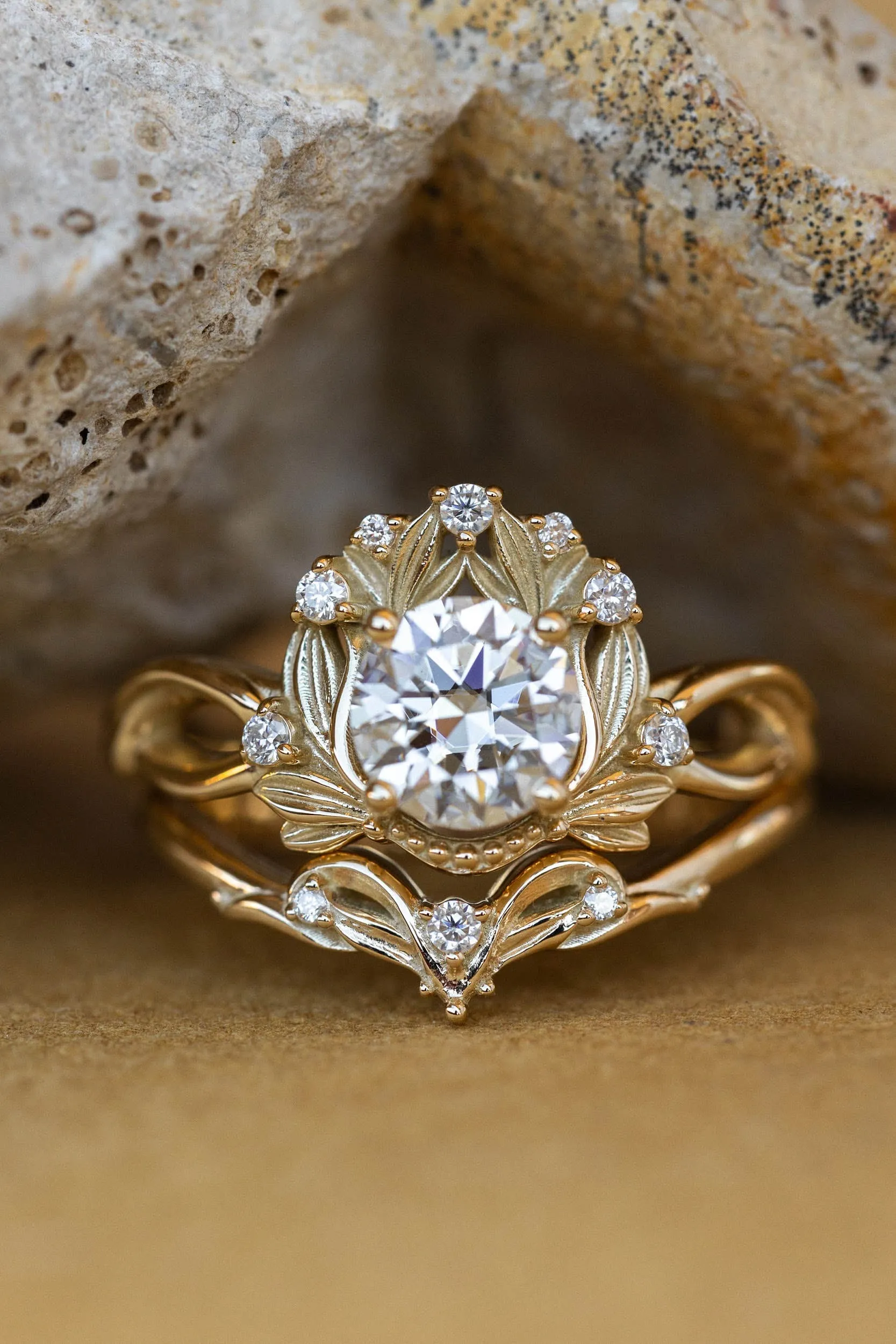 READY TO SHIP: Nika ring set in 14K yellow gold, moissanite round cut 6.5 mm, accent moissanites, AVAILABLE RING SIZES: 6-8US