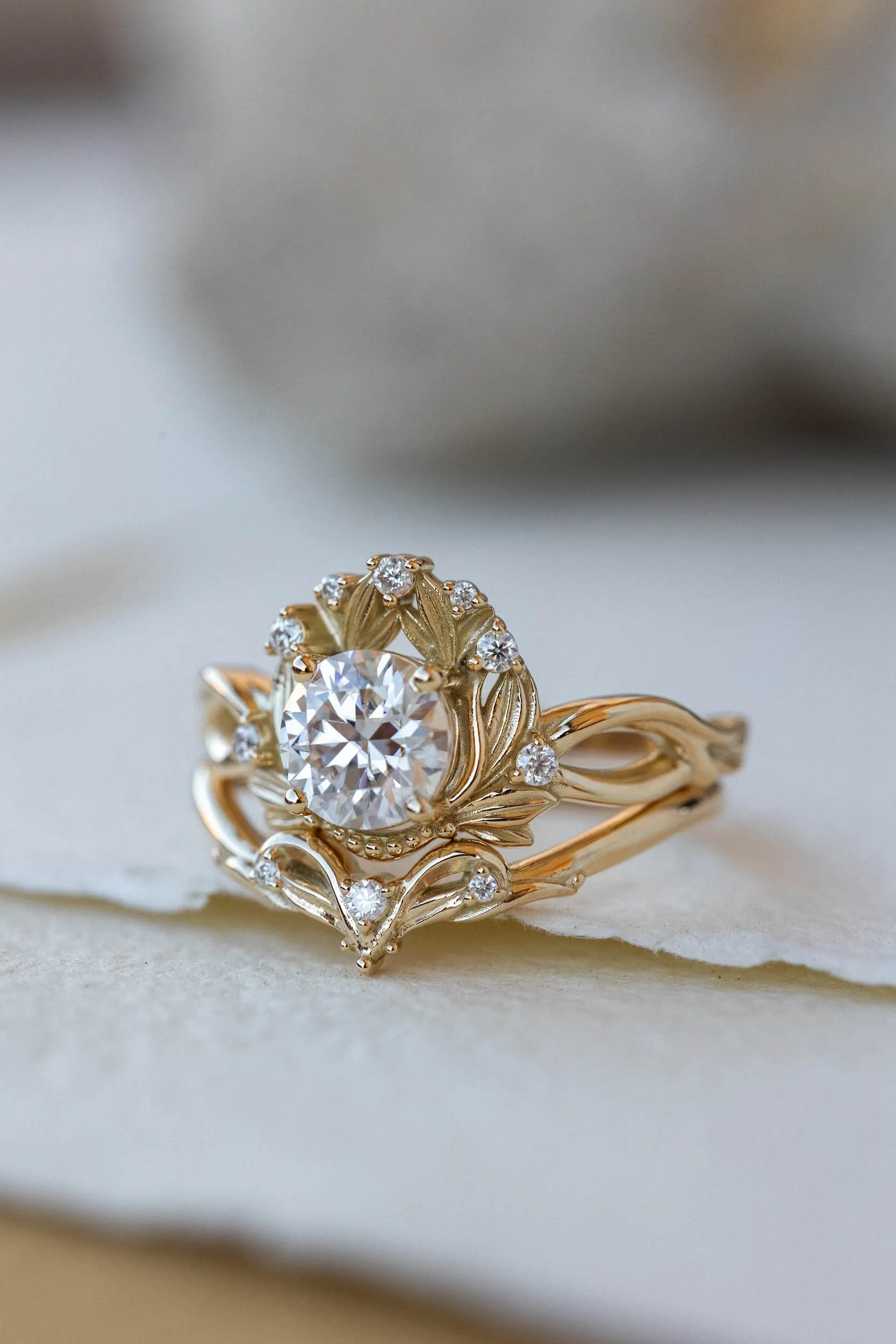 READY TO SHIP: Nika ring set in 14K yellow gold, moissanite round cut 6.5 mm, accent moissanites, AVAILABLE RING SIZES: 6-8US