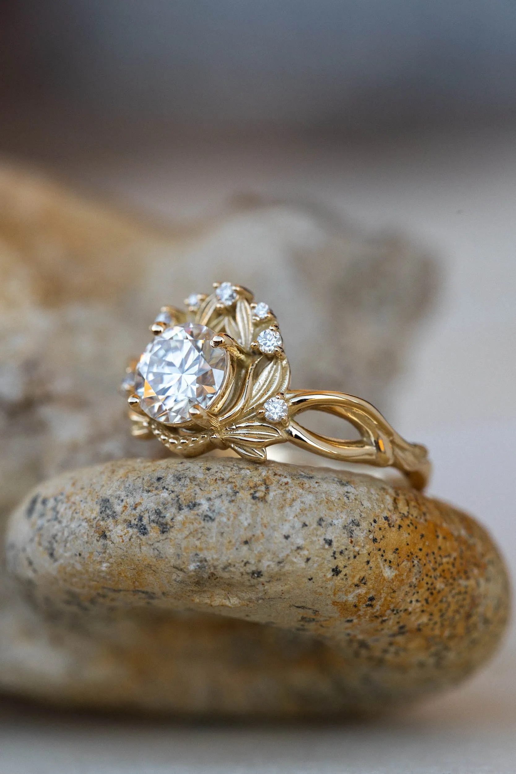 READY TO SHIP: Nika ring set in 14K yellow gold, moissanite round cut 6.5 mm, accent moissanites, AVAILABLE RING SIZES: 6-8US