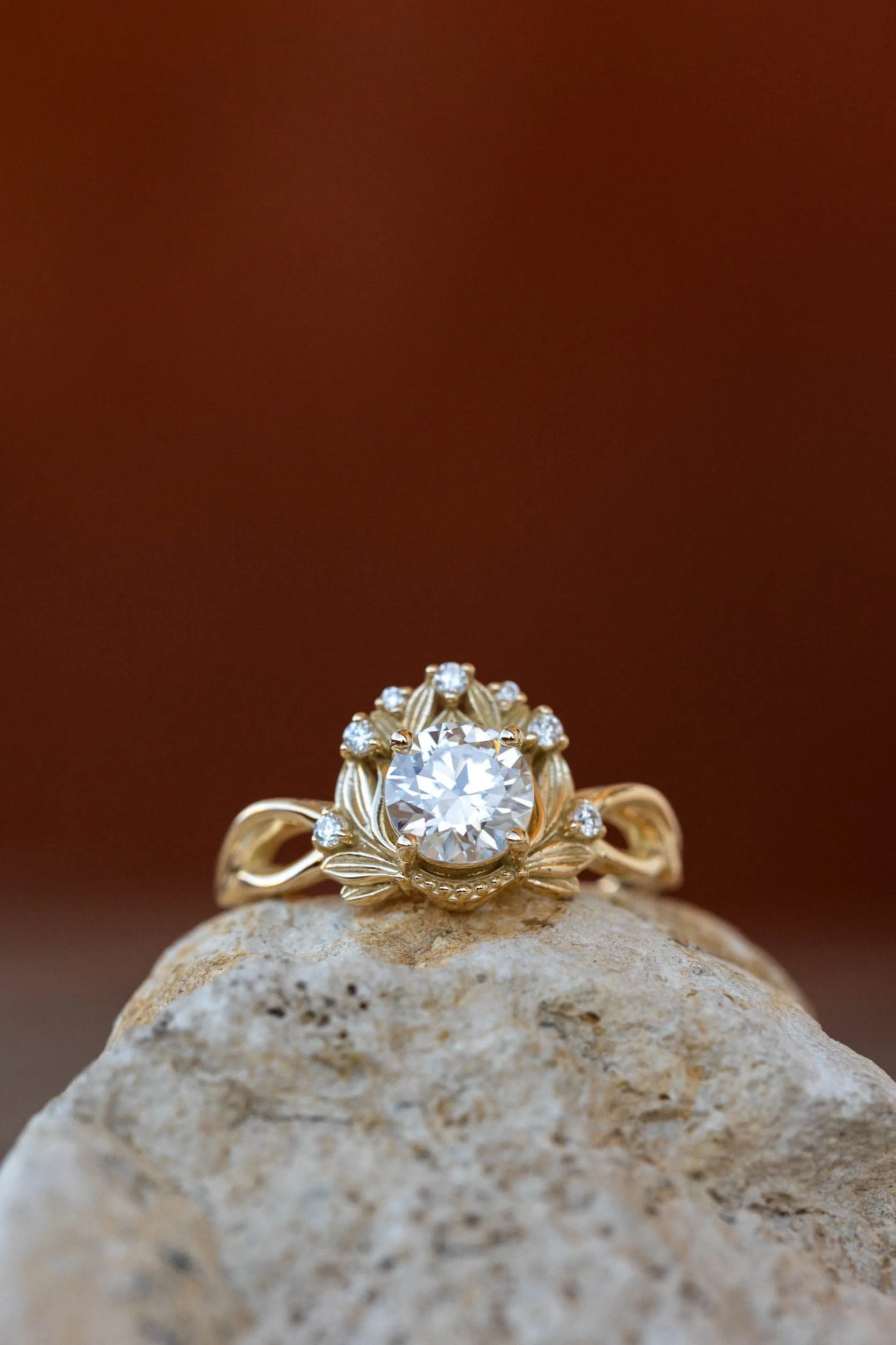 READY TO SHIP: Nika ring set in 14K yellow gold, moissanite round cut 6.5 mm, accent moissanites, AVAILABLE RING SIZES: 6-8US