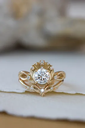 READY TO SHIP: Nika ring set in 14K yellow gold, moissanite round cut 6.5 mm, accent moissanites, AVAILABLE RING SIZES: 6-8US