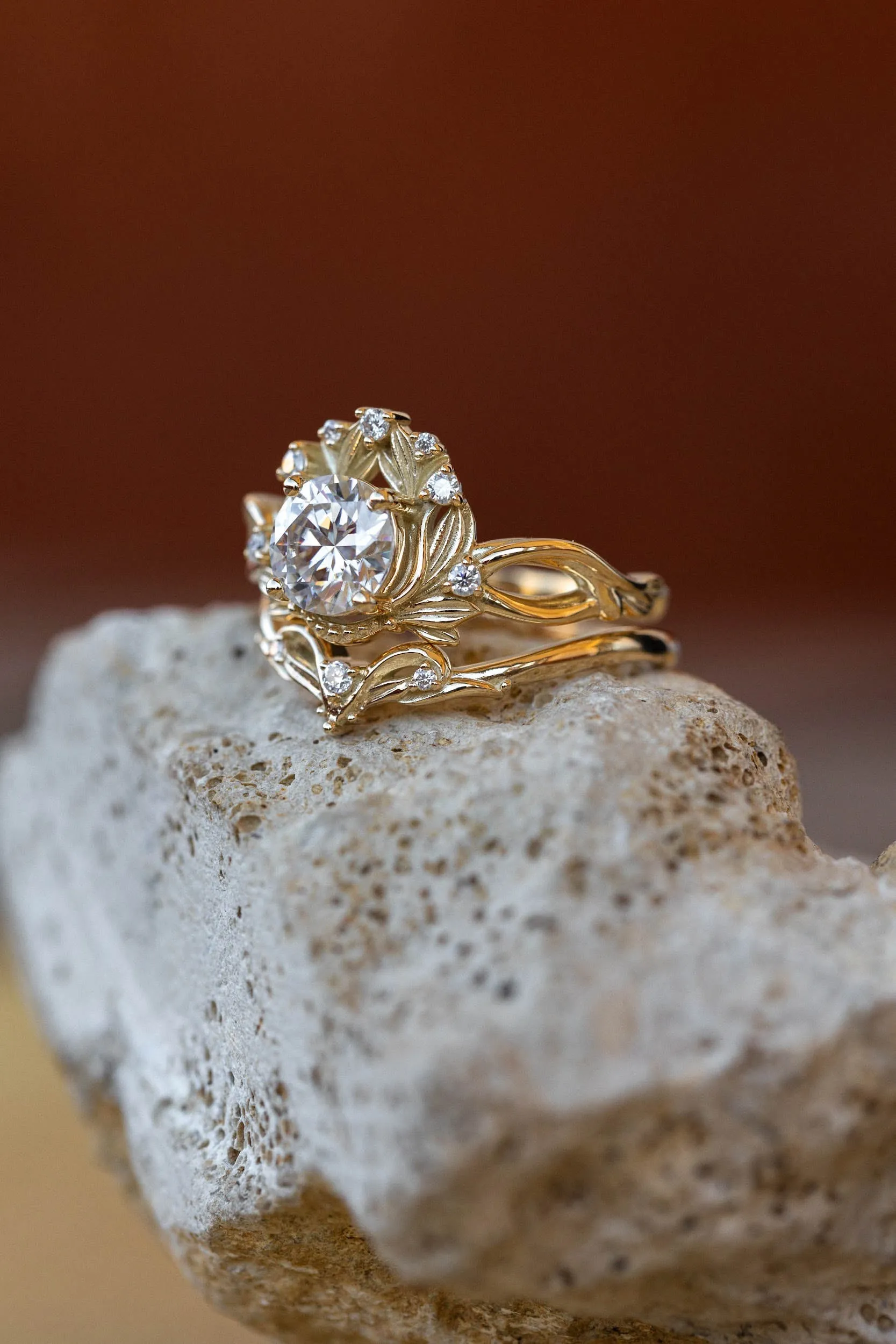 READY TO SHIP: Nika ring set in 14K yellow gold, moissanite round cut 6.5 mm, accent moissanites, AVAILABLE RING SIZES: 6-8US