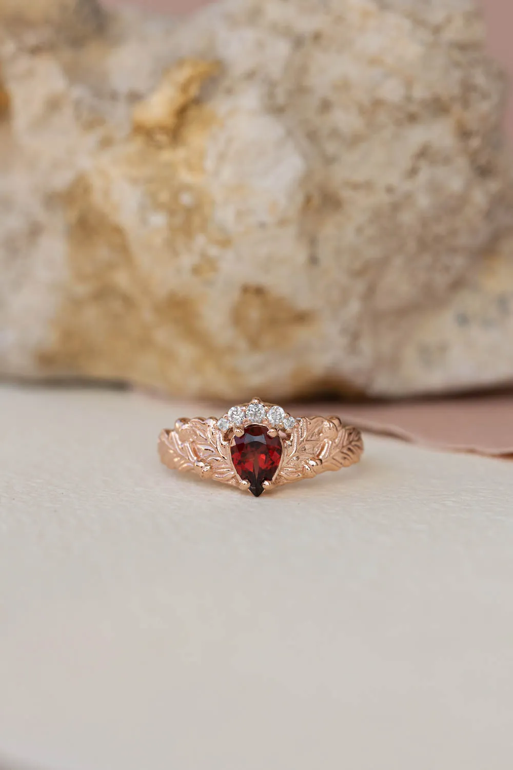 READY TO SHIP: Royal oak ring in 14K rose gold, natural garnet pear cut 7x5 mm, moissanites, AVAILABLE RING SIZES: 6-8US