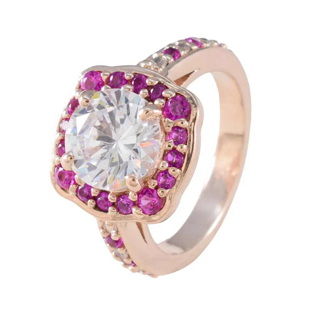 Riyo Beautiful Silver Ring With Rose Gold Plating Ruby CZ Stone Round Shape Prong Setting Handmade Jewelry Birthday Ring