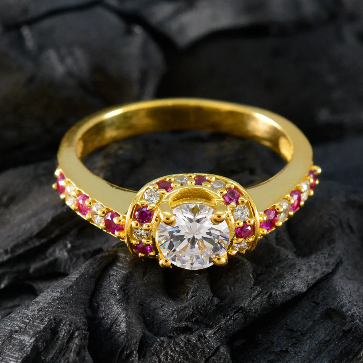 Riyo Choice Silver Ring With Yellow Gold Plating Ruby CZ Stone Round Shape Prong Setting Bridal Jewelry Christmas Ring