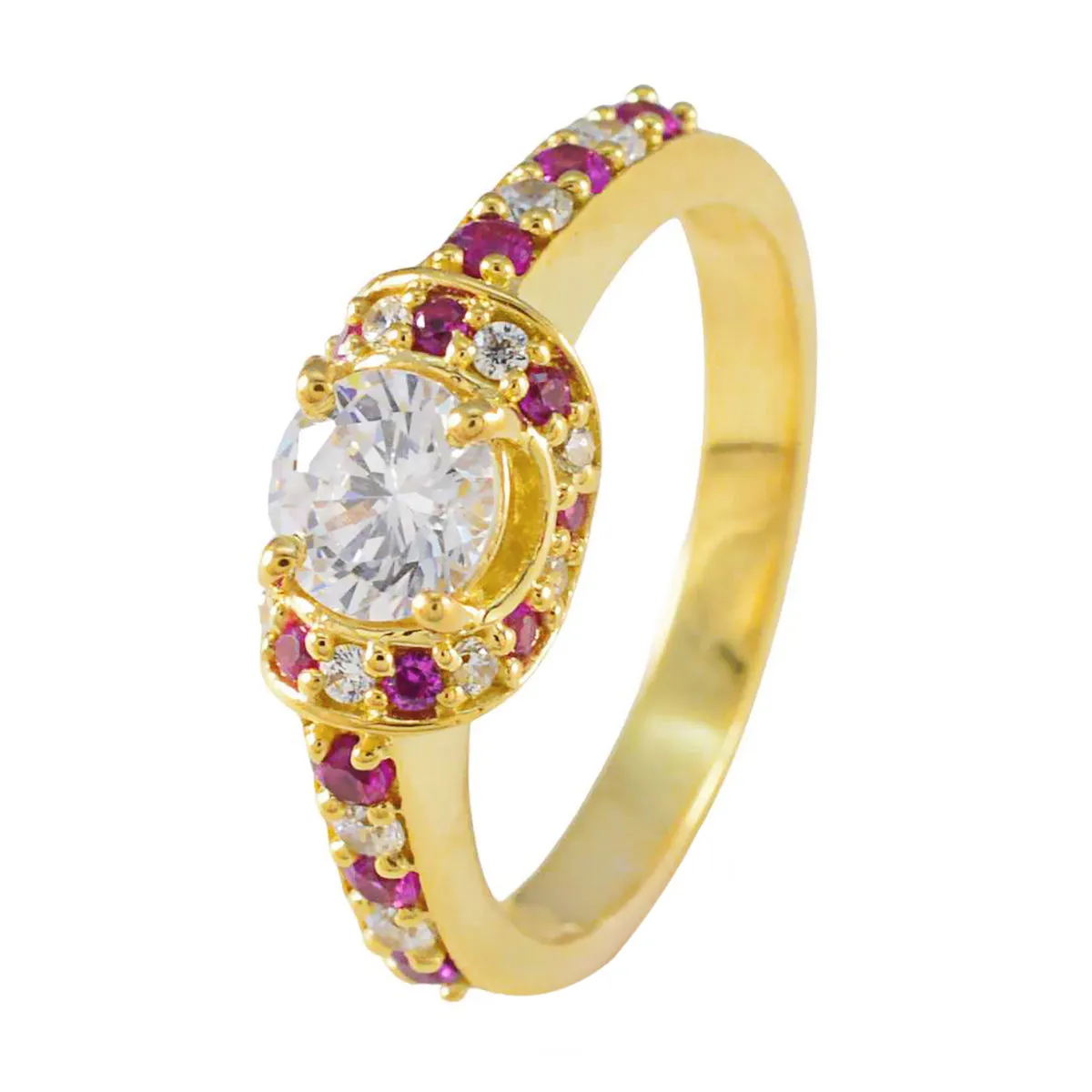 Riyo Choice Silver Ring With Yellow Gold Plating Ruby CZ Stone Round Shape Prong Setting Bridal Jewelry Christmas Ring