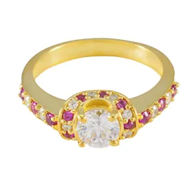 Riyo Choice Silver Ring With Yellow Gold Plating Ruby CZ Stone Round Shape Prong Setting Bridal Jewelry Christmas Ring