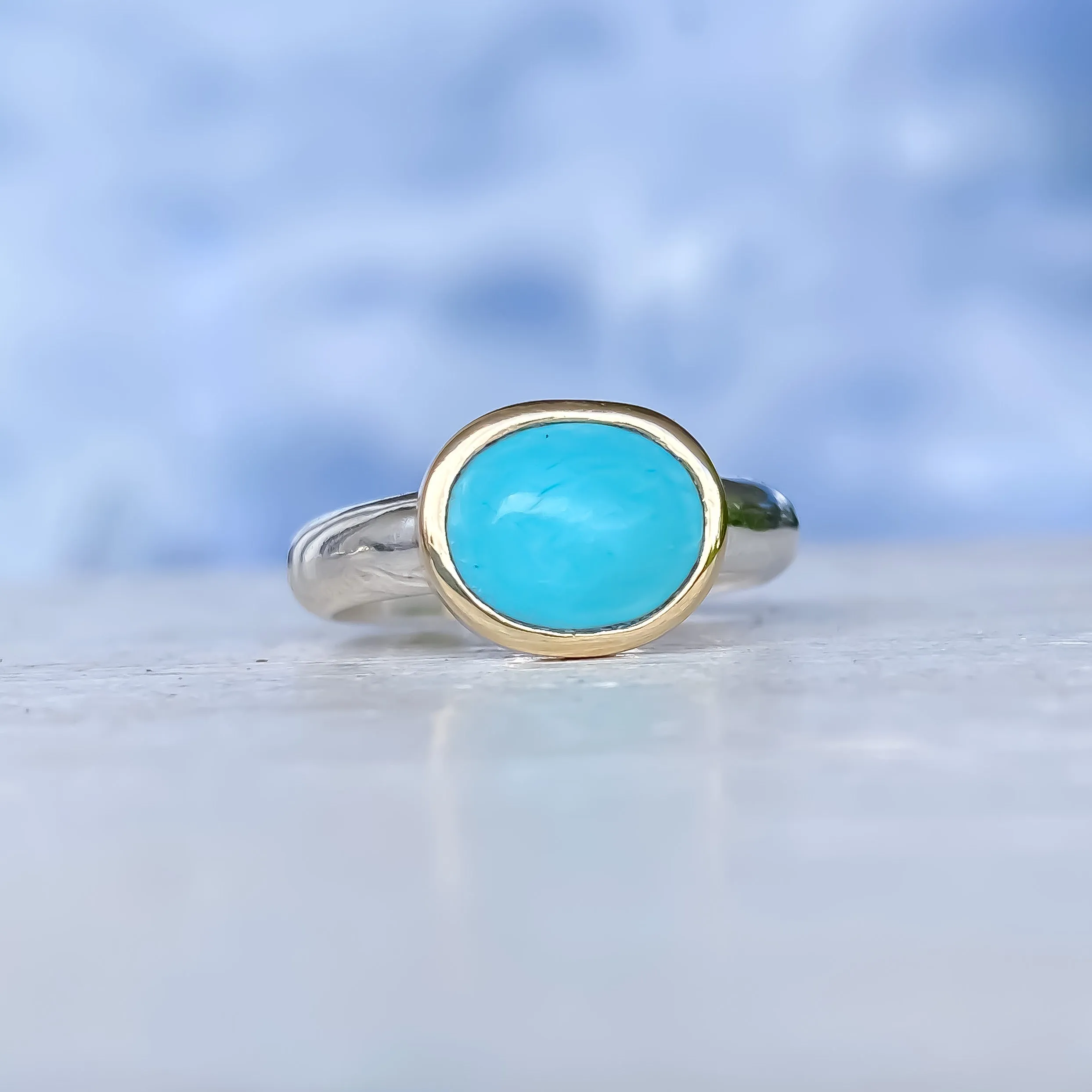 Sleeping Beauty Turquoise 14k Gold & Sterling Silver Ring Size 6.75-7.75US