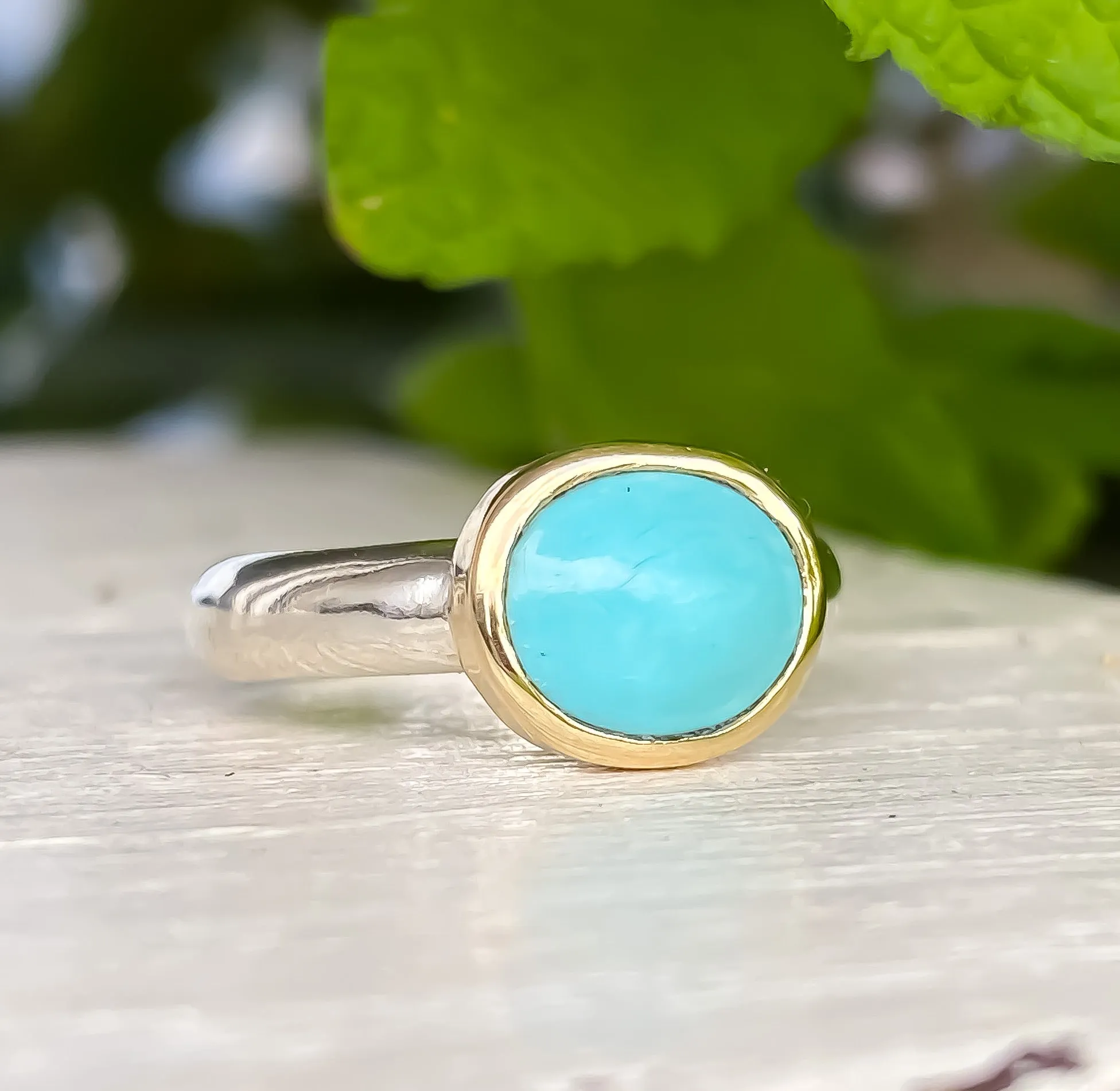 Sleeping Beauty Turquoise 14k Gold & Sterling Silver Ring Size 6.75-7.75US