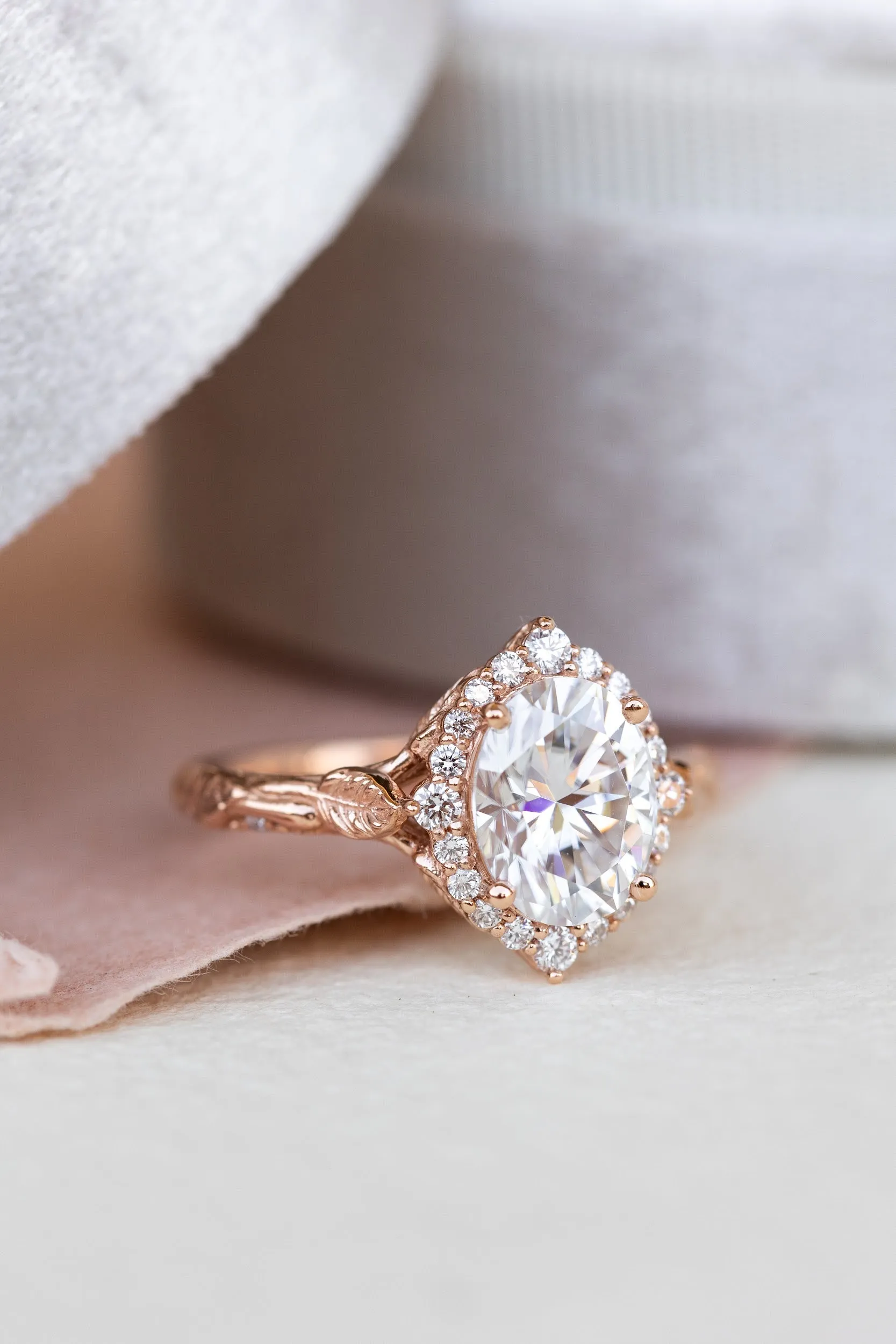 Sparkling moissanite engagement ring, nature themed proposal ring with diamond halo / Florentina