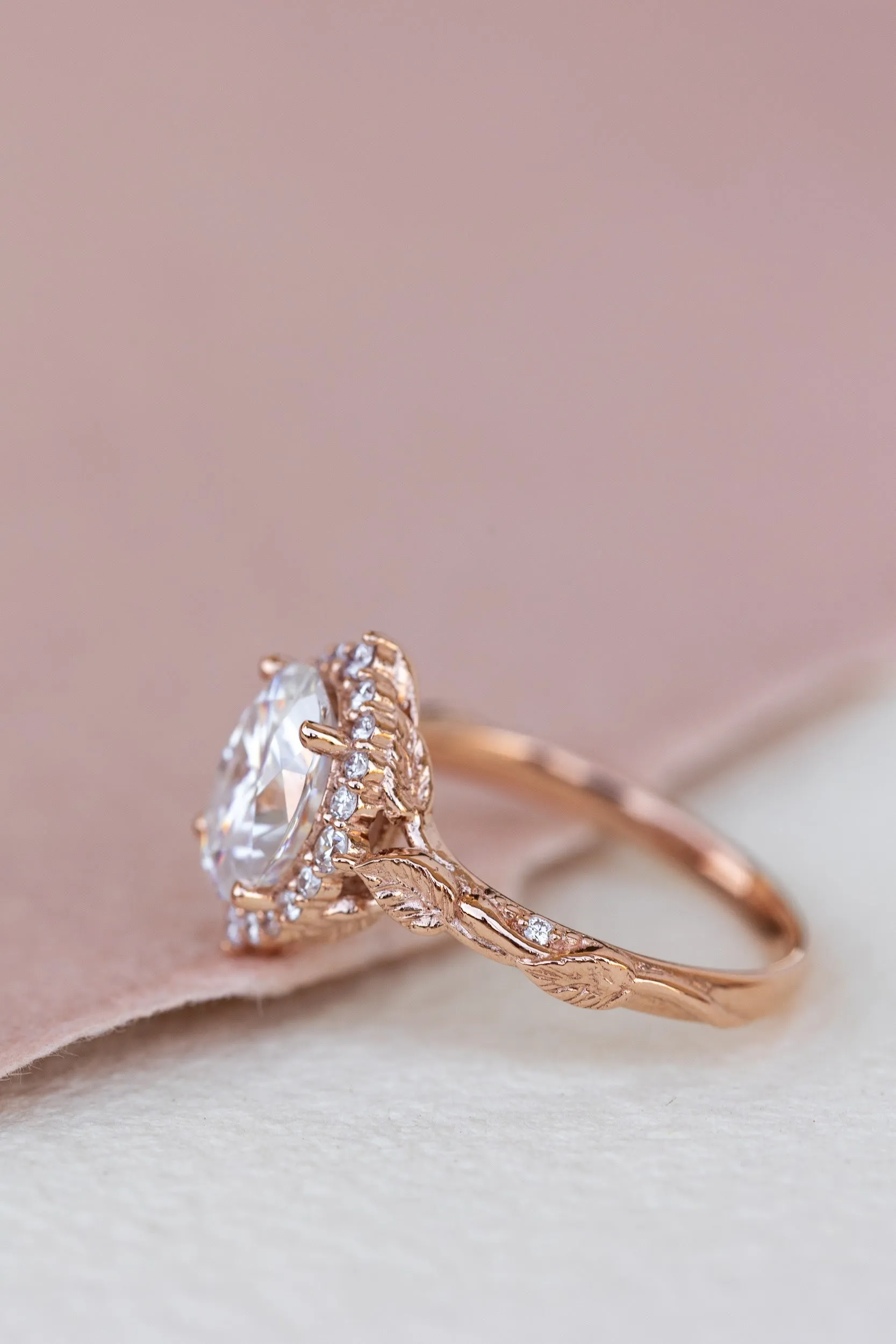 Sparkling moissanite engagement ring, nature themed proposal ring with diamond halo / Florentina