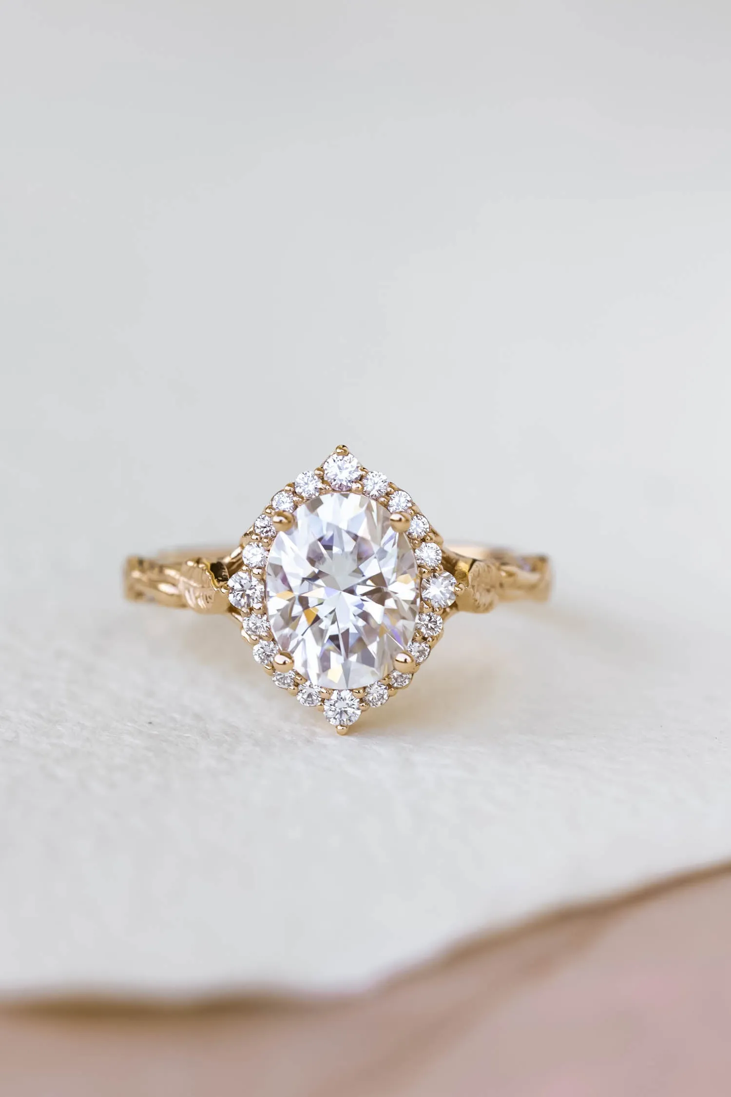 Sparkling moissanite engagement ring, nature themed proposal ring with diamond halo / Florentina