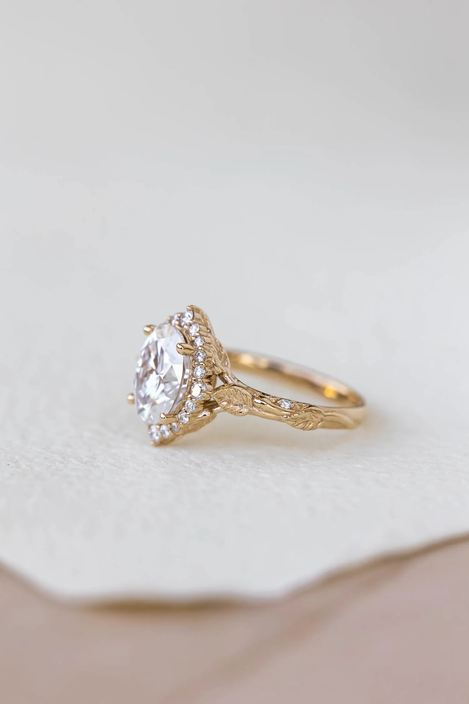 Sparkling moissanite engagement ring, nature themed proposal ring with diamond halo / Florentina