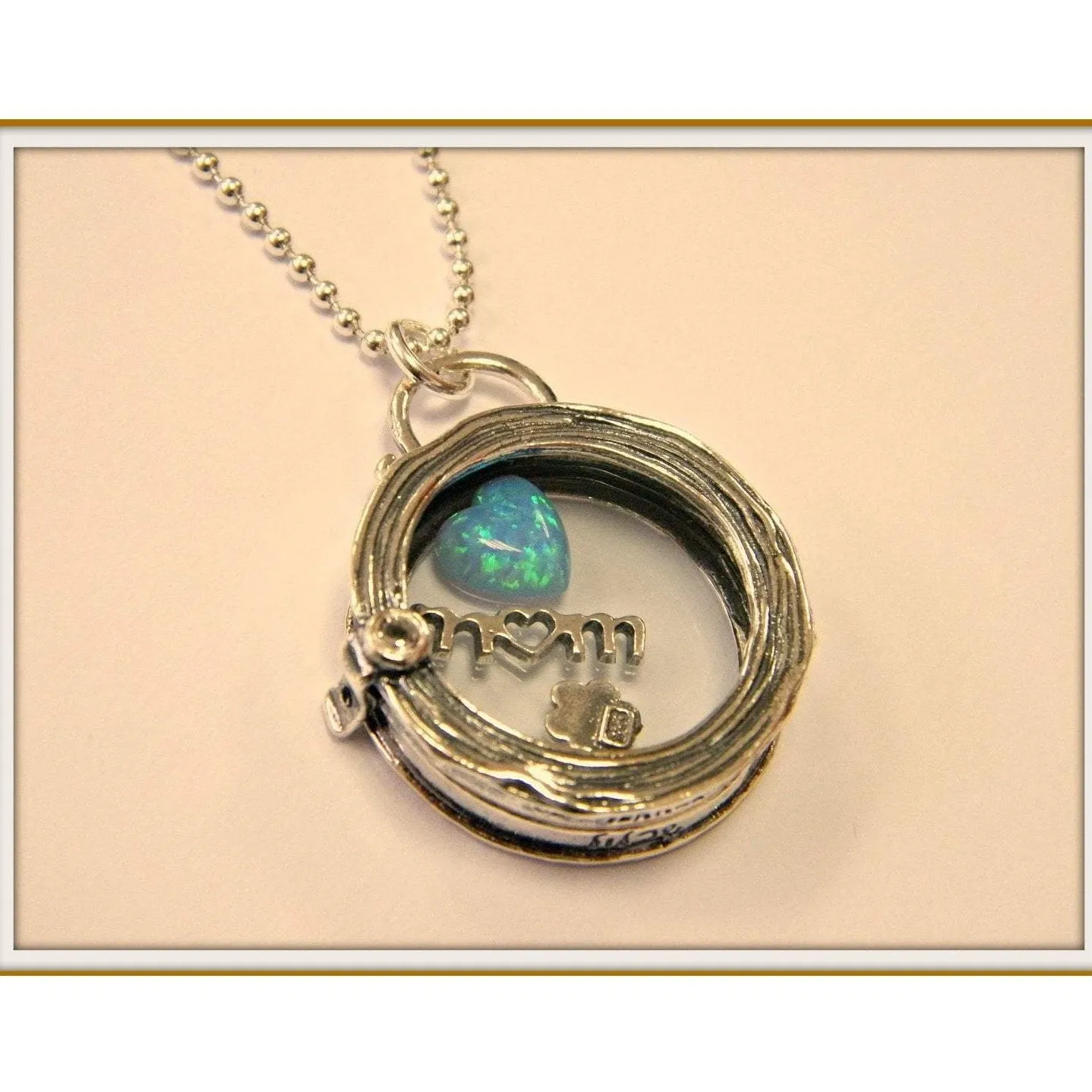 Sterling Silver necklace Mom charms Blue Opal heart gift for Mom Locket Necklace