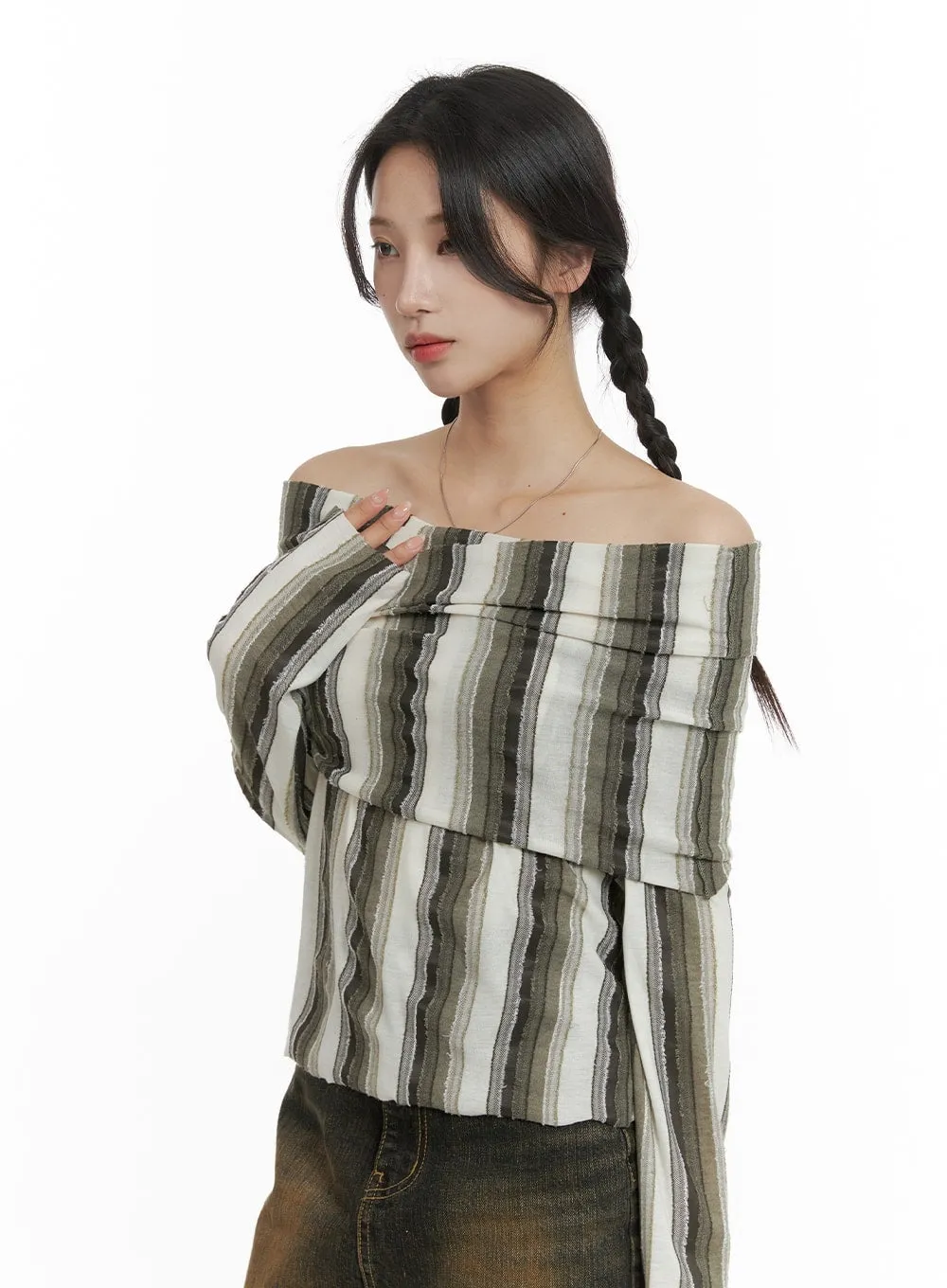 Striped Off Shoulder Long Sleeve CM427