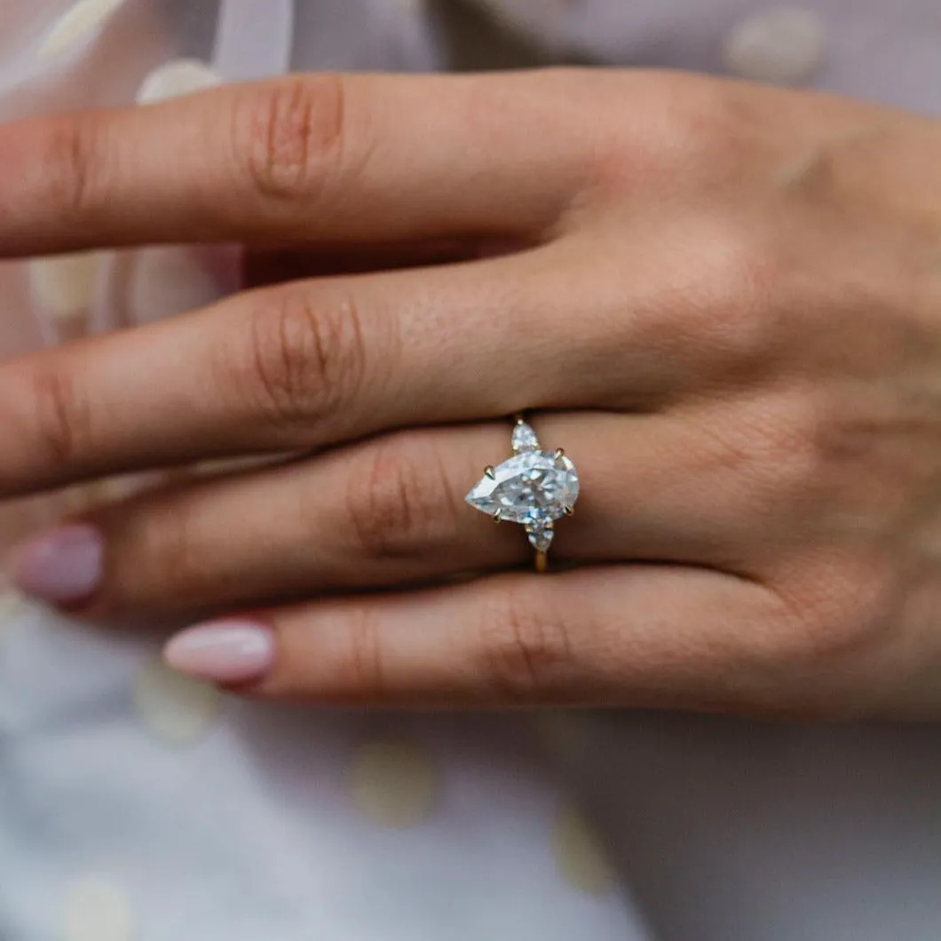 Three Stone Pear Cut Yellow Gold Anniversary Ring For Her